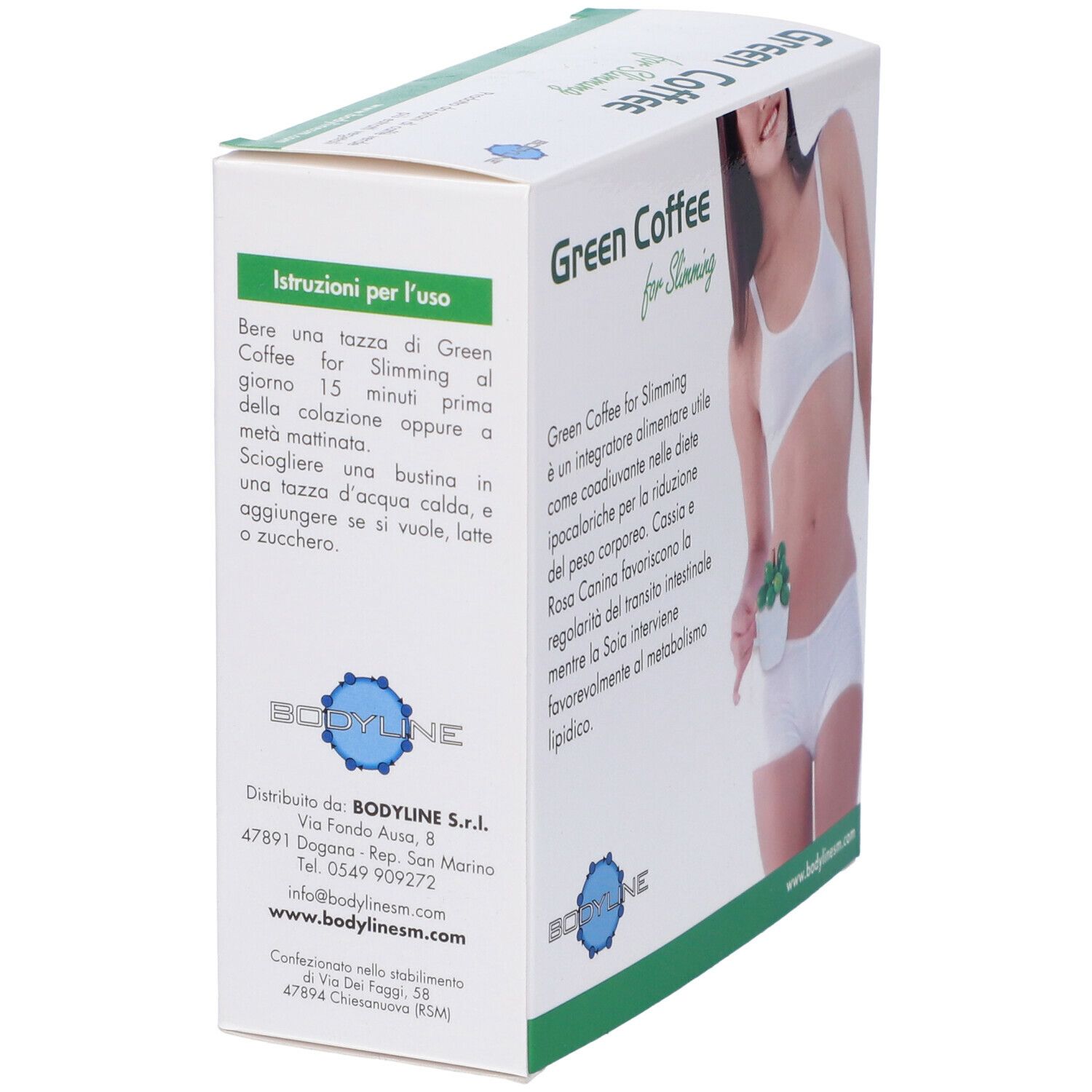 Confezione di Green Coffee for Slimming. Istruzioni per l'uso, donna con tazza. 140g.