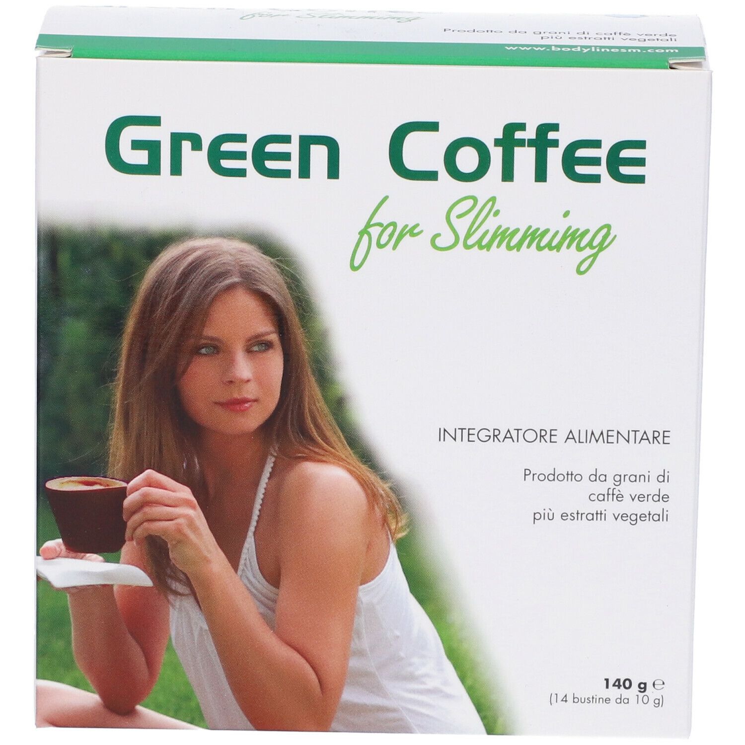 Confezione di Green Coffee for Slimming. Scritta e immagine di donna con tazza. 140g.
