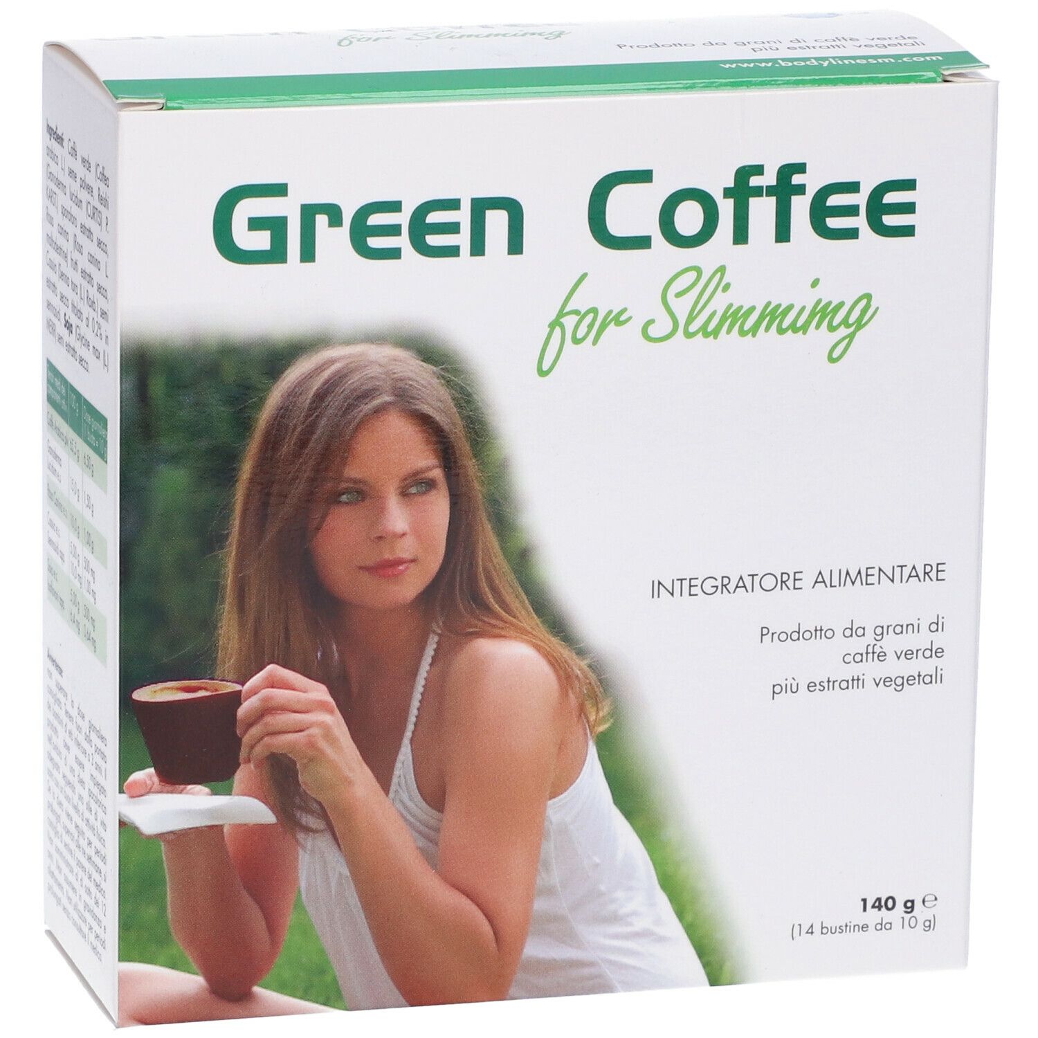 Confezione di Green Coffee for Slimming. Scritta e immagine di donna con tazza. 140g.