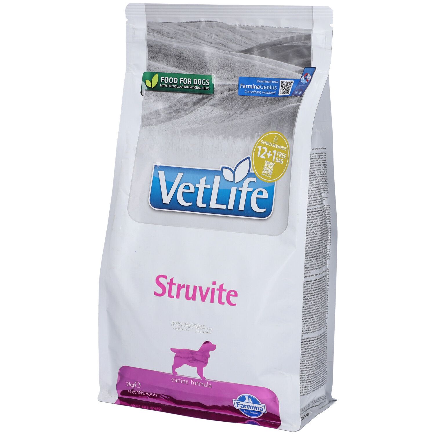 Weißer Beutel mit "VetLife Struvite"-Aufdruck. Logo, Produktname und Hundesilhouette. "Food for Dogs" und "12+1 free bag".