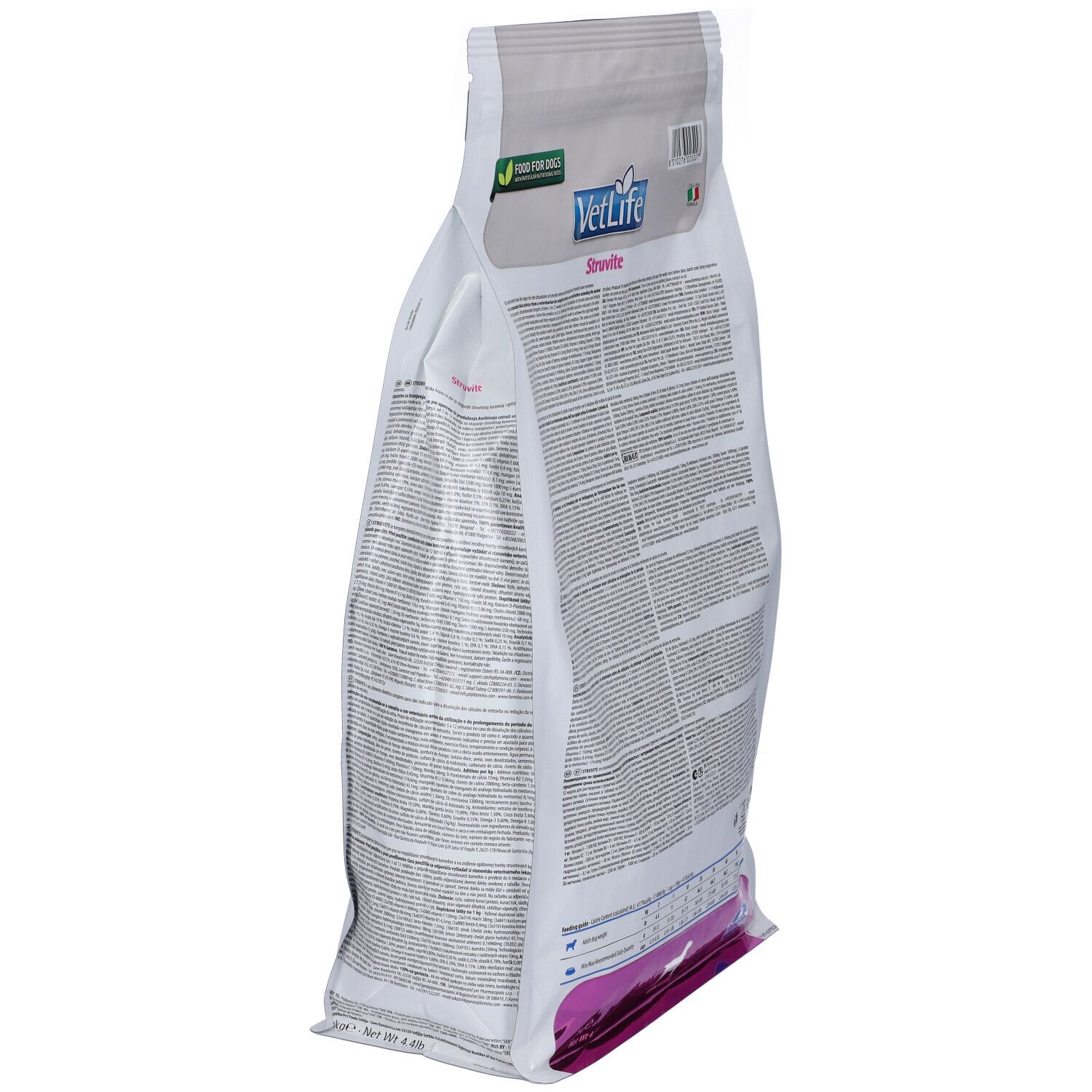 Schräg stehende Rückseite eines weißen Beutels mit "VetLife Struvite"-Aufdruck. Logo, Produktname und Text.