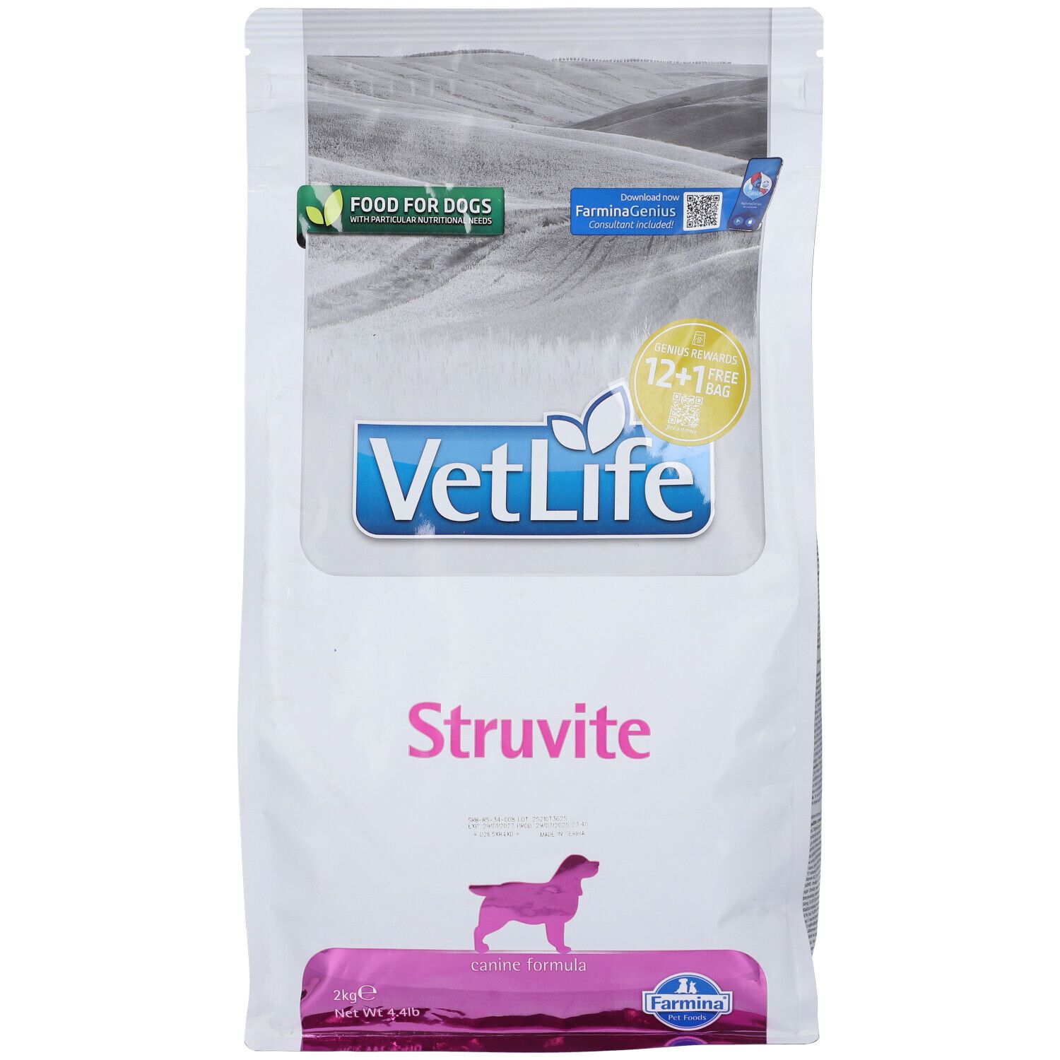 Weißer Beutel mit "VetLife Struvite"-Aufdruck. Logo, Produktname und Hundesilhouette. "Food for Dogs" und "12+1 free bag".