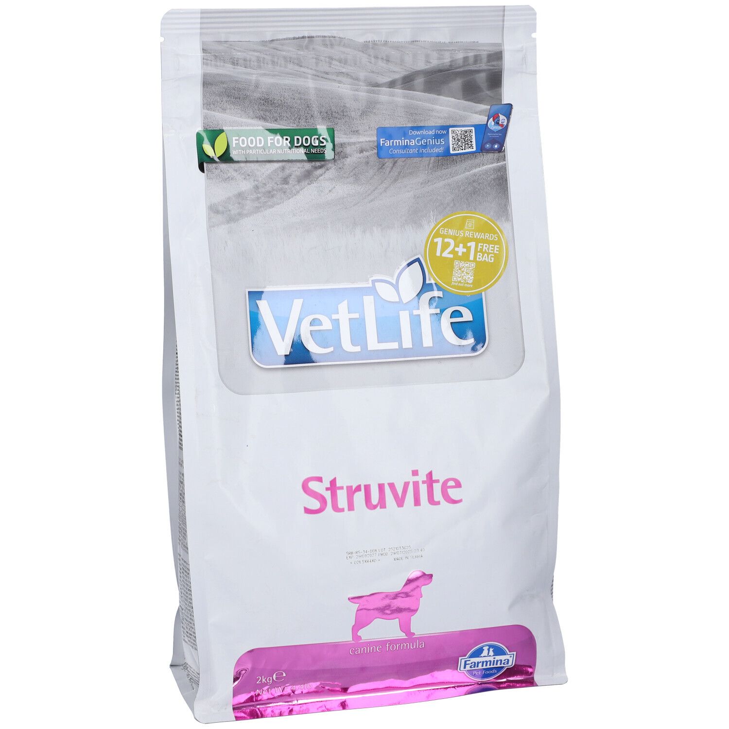 Weißer Beutel mit "VetLife Struvite"-Aufdruck. Logo, Produktname und Hundesilhouette. "Food for Dogs" und "12+1 free bag".