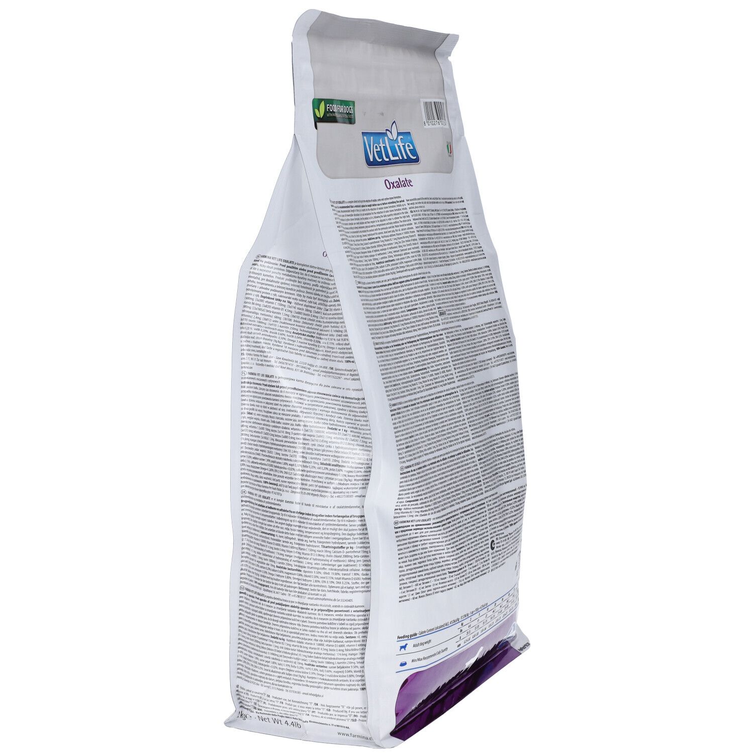 Weißer Beutel, seitliche Ansicht. Aufdrucke: VetLife, Oxalate. Logos und Text. Teilweise transparent.