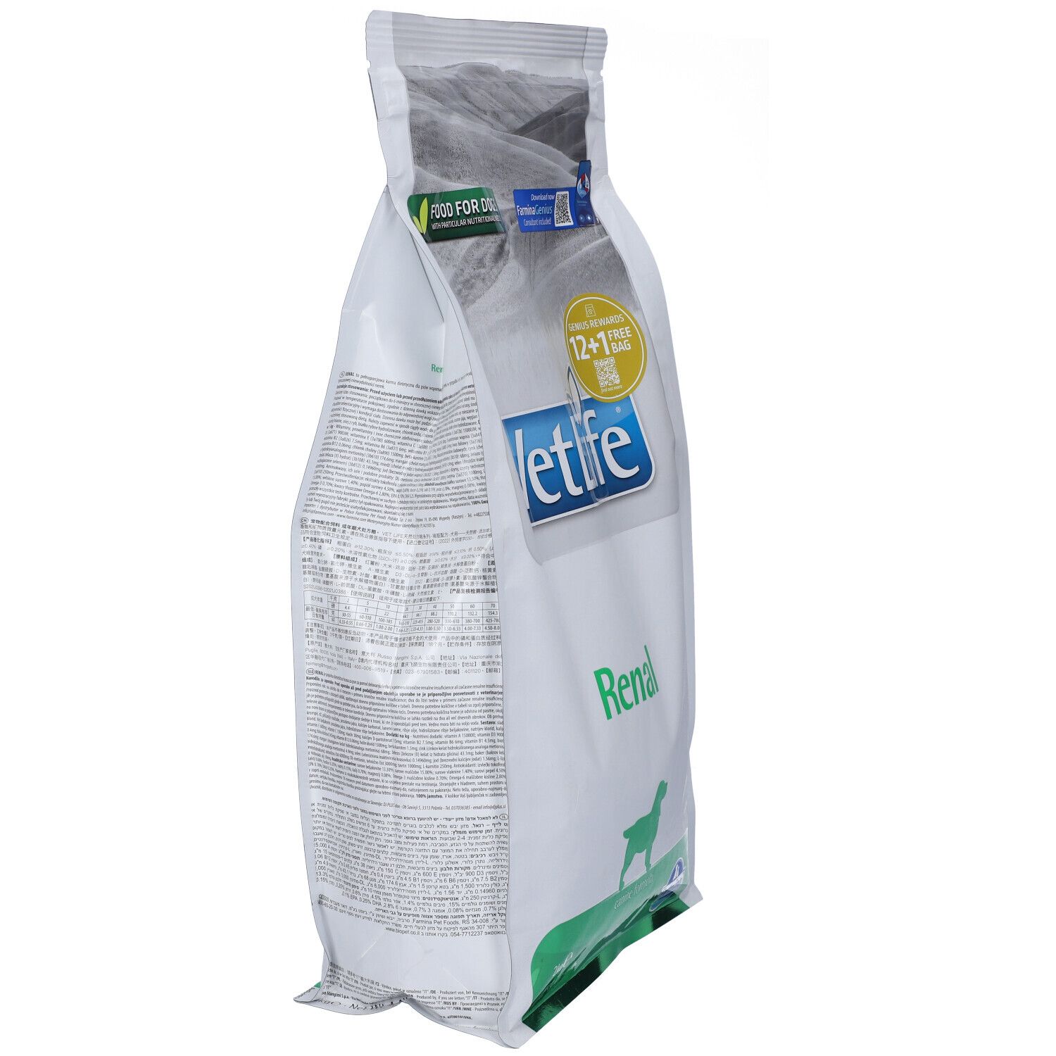 Schrägansicht des Trockenfutterbeutels. Aufschrift VetLife Renal. Grün-weiße Verpackung mit Logo und Produktbezeichnung.