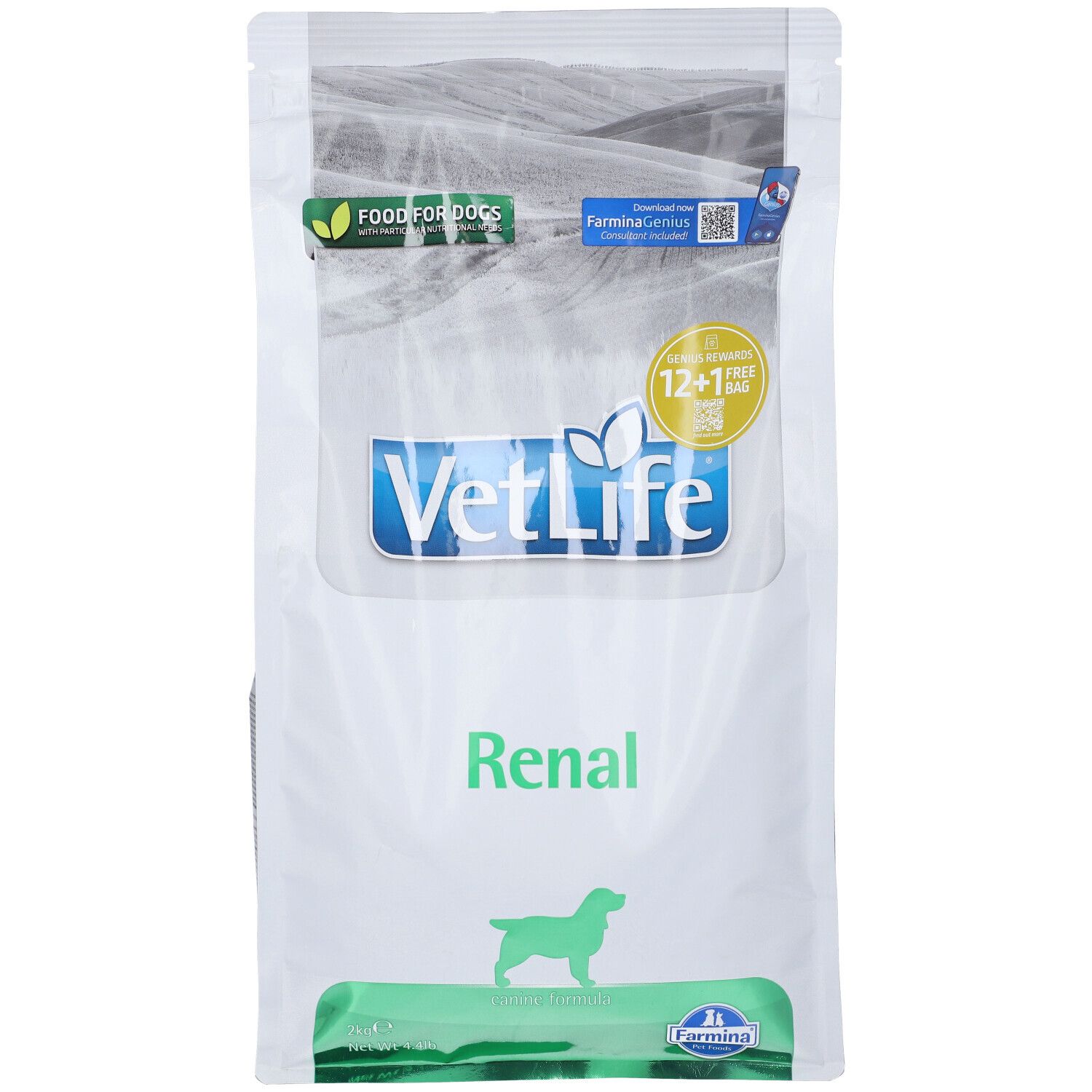 Trockenfutterbeutel mit Aufschrift VetLife Renal. Grün-weiße Verpackung mit Logo und Produktbezeichnung. 12+1 gratis.
