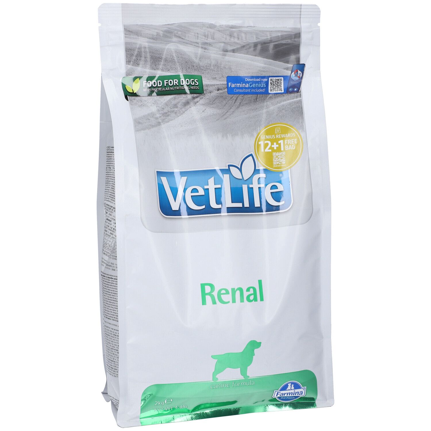 Trockenfutterbeutel mit Aufschrift VetLife Renal. Grün-weiße Verpackung mit Logo und Produktbezeichnung. 12+1 gratis.