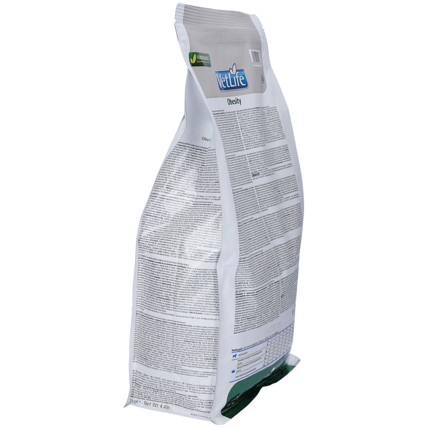 Seitenansicht des Trockenfutterbeutels. Aufschrift VetLife Obesity. Grün-weiß Verpackung. Text auf der Rückseite.