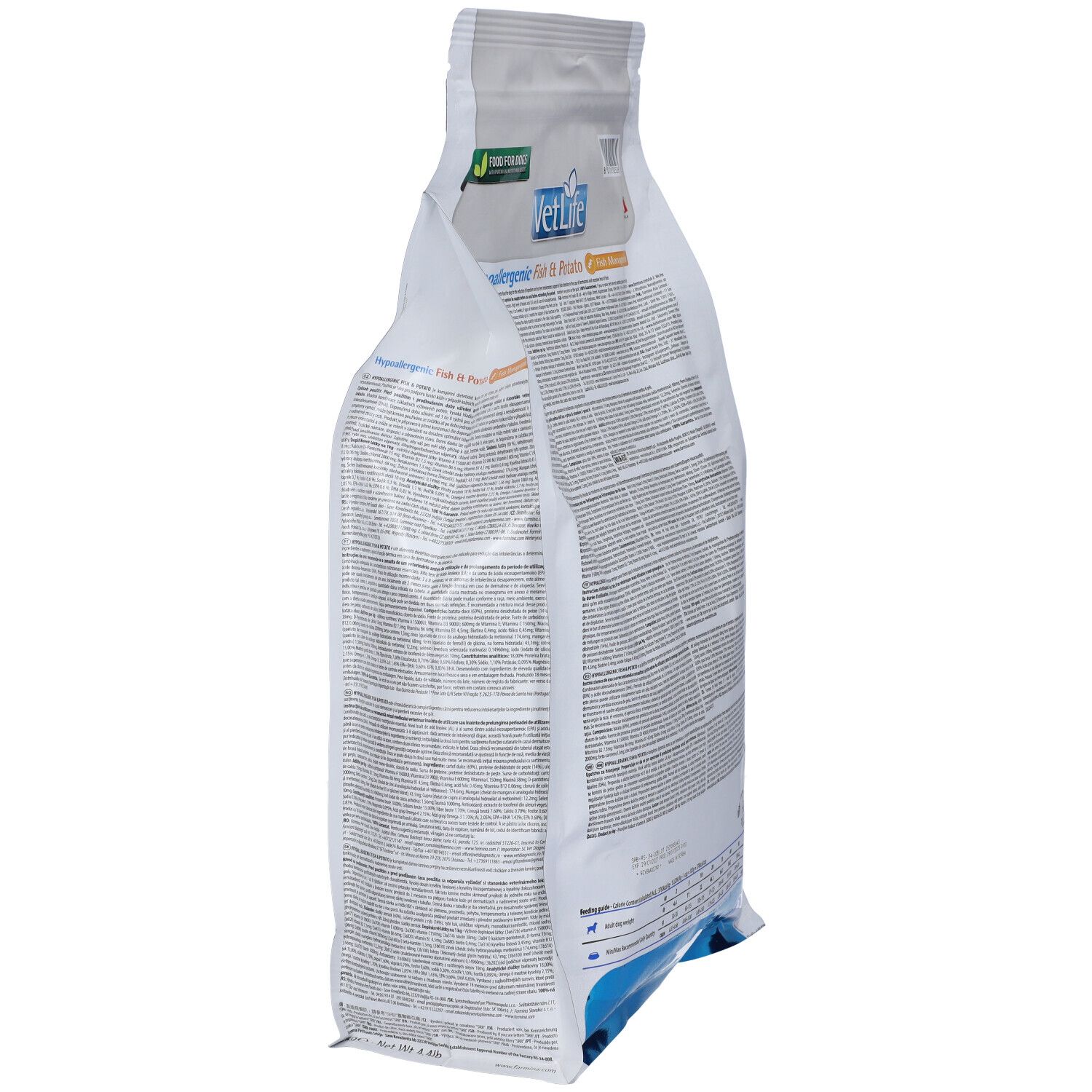 Weißer Beutel, seitliche Ansicht. Text in mehreren Sprachen. Aufschrift: VetLife Hypoallergenic. Logo: Farmina.