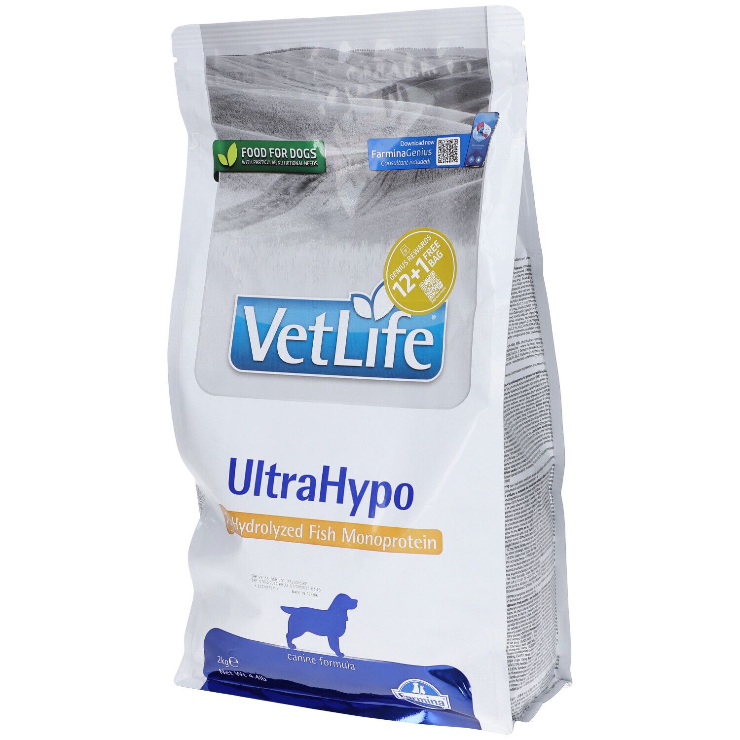 Weißer Beutel mit blauer und grüner Schrift. Aufschrift: VetLife UltraHypo, hydrolysiertes Fisch Monoprotein. Abbildung eines Hundes.