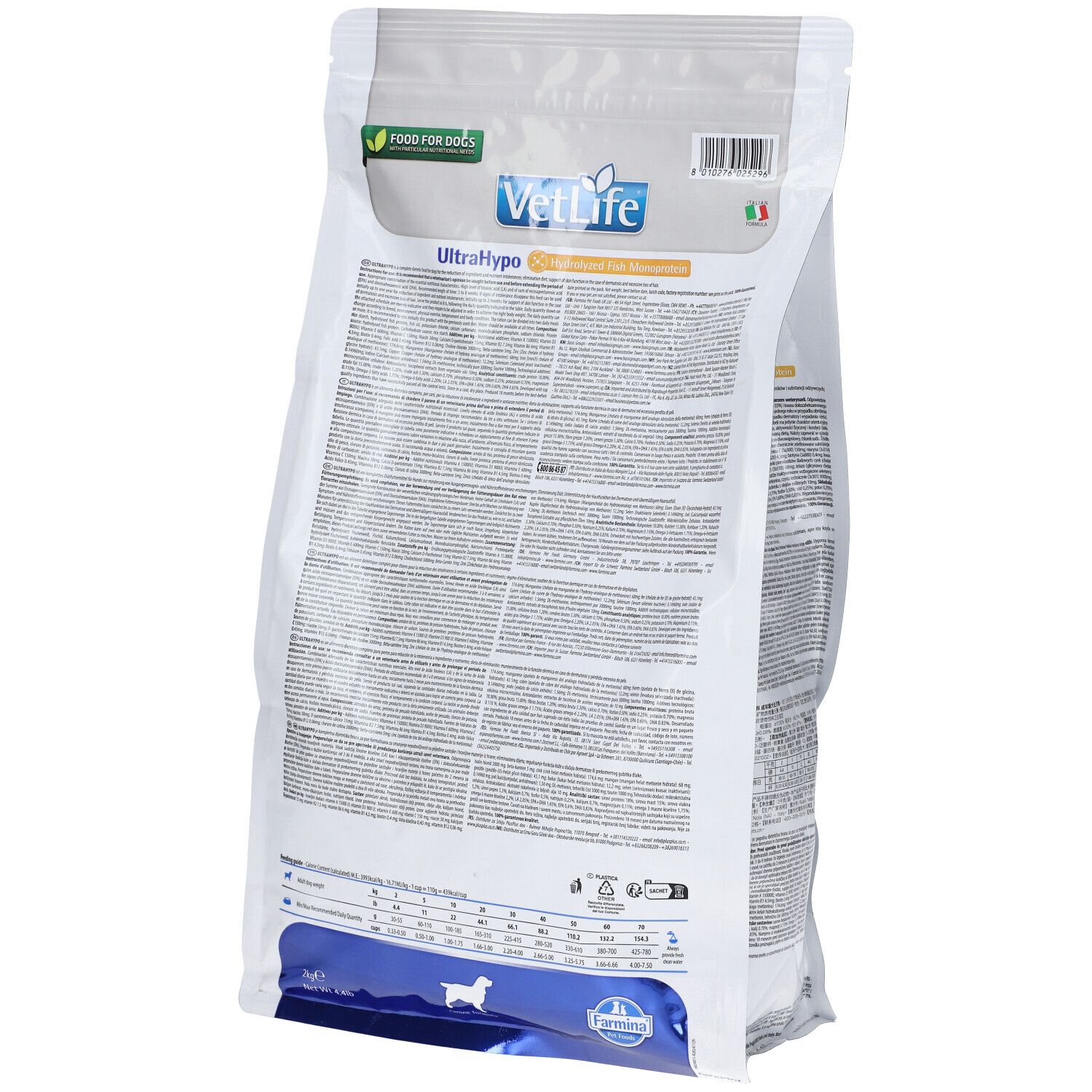 Rückseite des weißen Beutels. Text in mehreren Sprachen. Logos und Siegel. Tabelle mit Fütterungsempfehlungen.