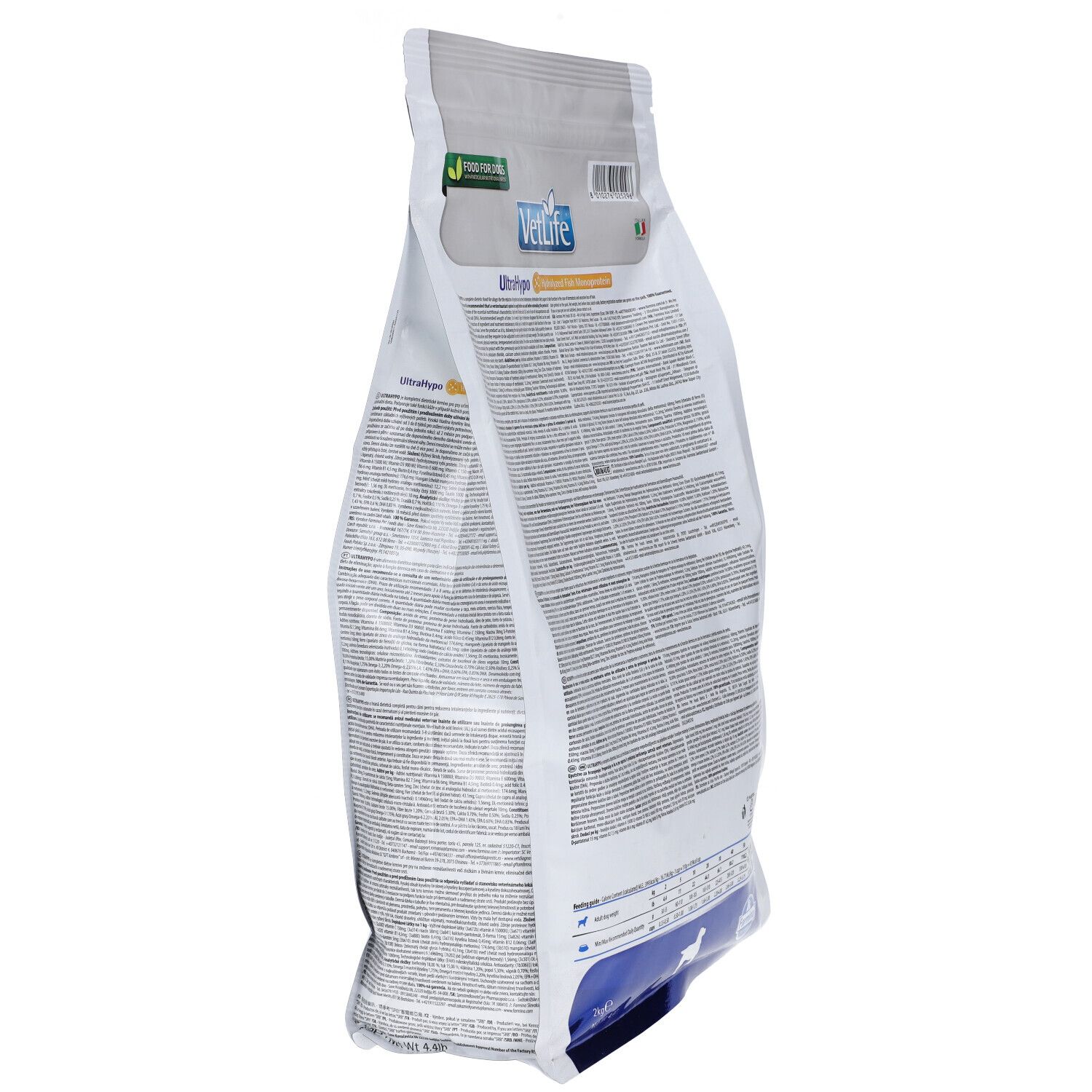 Weißer Beutel, Seitenansicht. Aufschrift: VetLife UltraHypo. Text und Logos. Siegel 'Food for Dogs'.