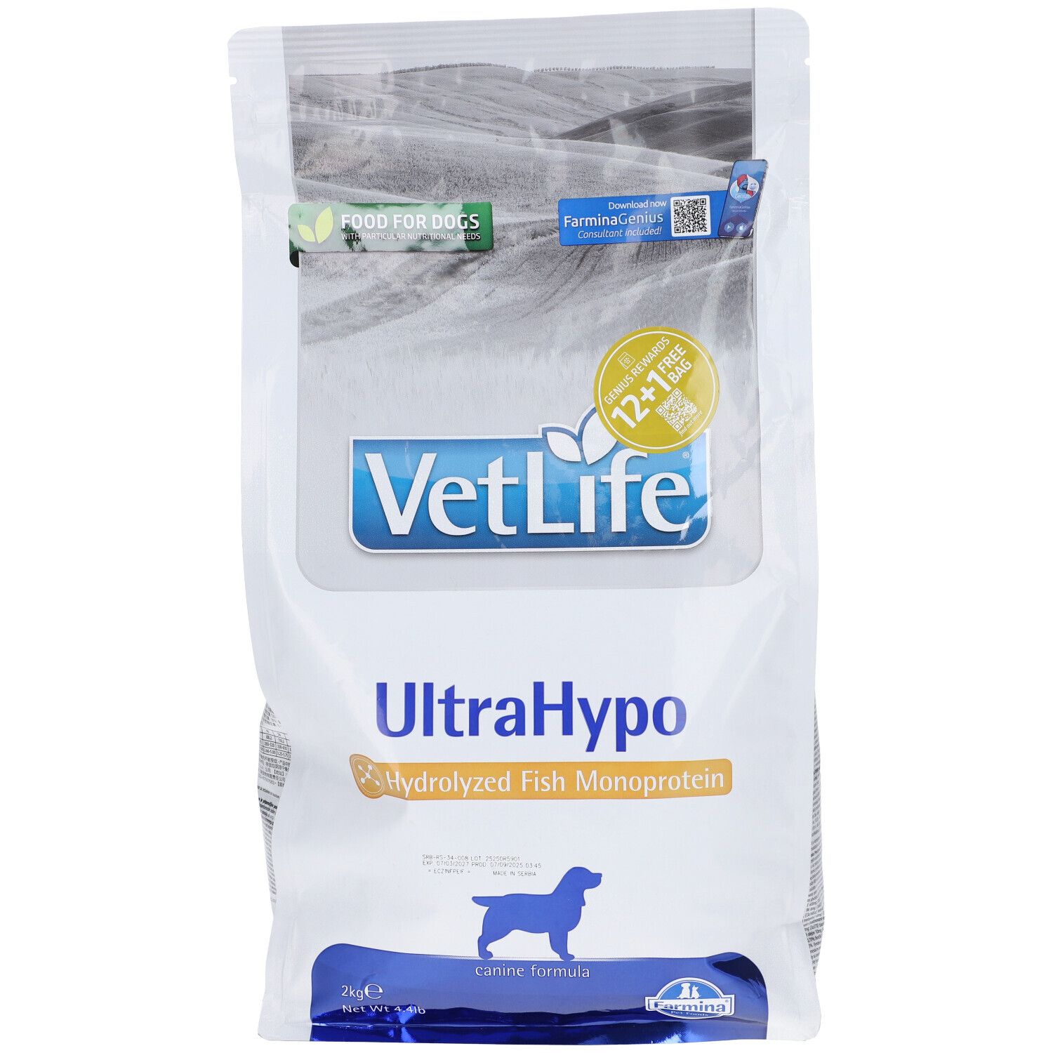 Weißer Beutel mit blauer und grüner Schrift. Aufschrift: VetLife UltraHypo, hydrolysiertes Fisch Monoprotein. Abbildung eines Hundes.