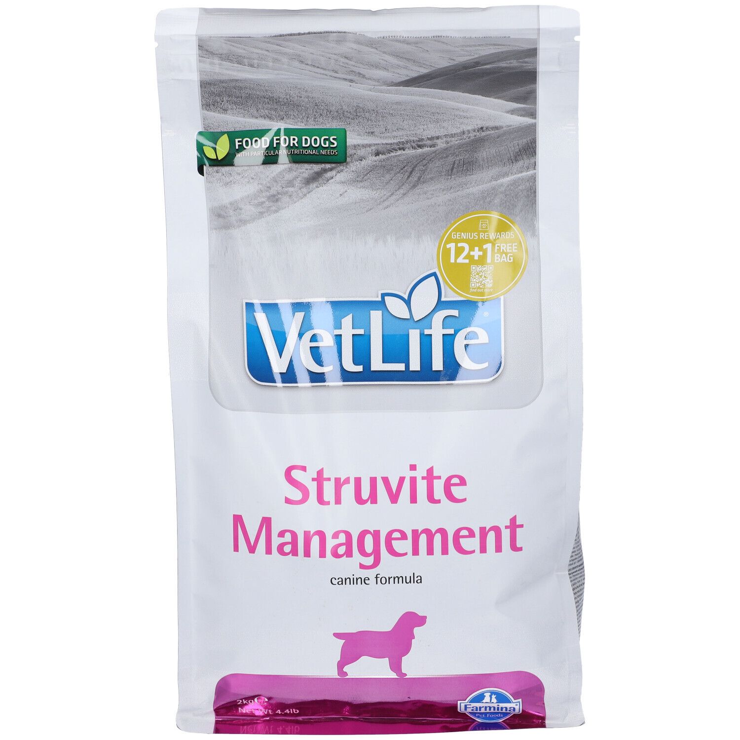 Weißer Beutel mit Aufdruck. VetLife-Logo, Struvite Management, Hunde-Silhouette. Grün-gelbes Logo: Food for Dogs, 12+1 gratis.