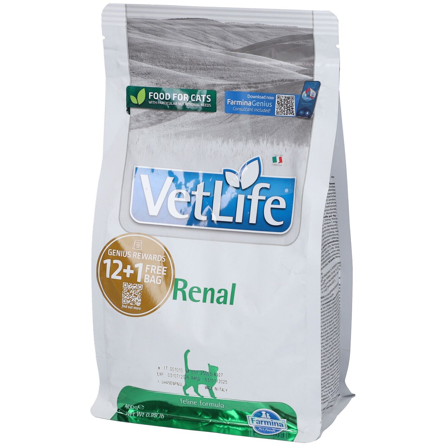 Beutel Trockenfutter Farmina VetLife Renal für Katzen. Hauptsächlich weiß mit Logo und Text. Grün-weiße Verpackung.