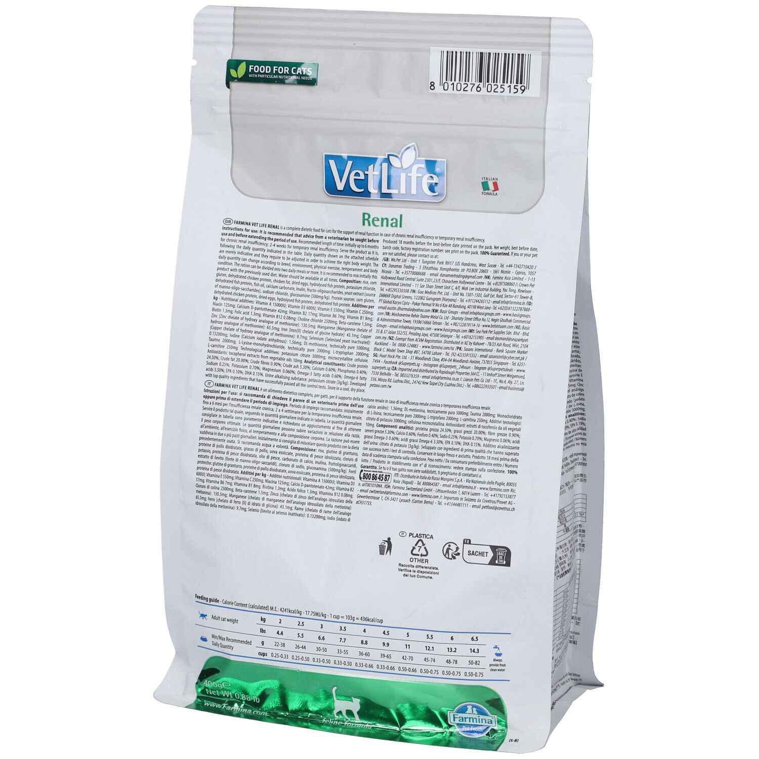 Rückseite des Beutels Trockenfutter Farmina VetLife Renal für Katzen. Text und Informationen auf weißem Hintergrund.