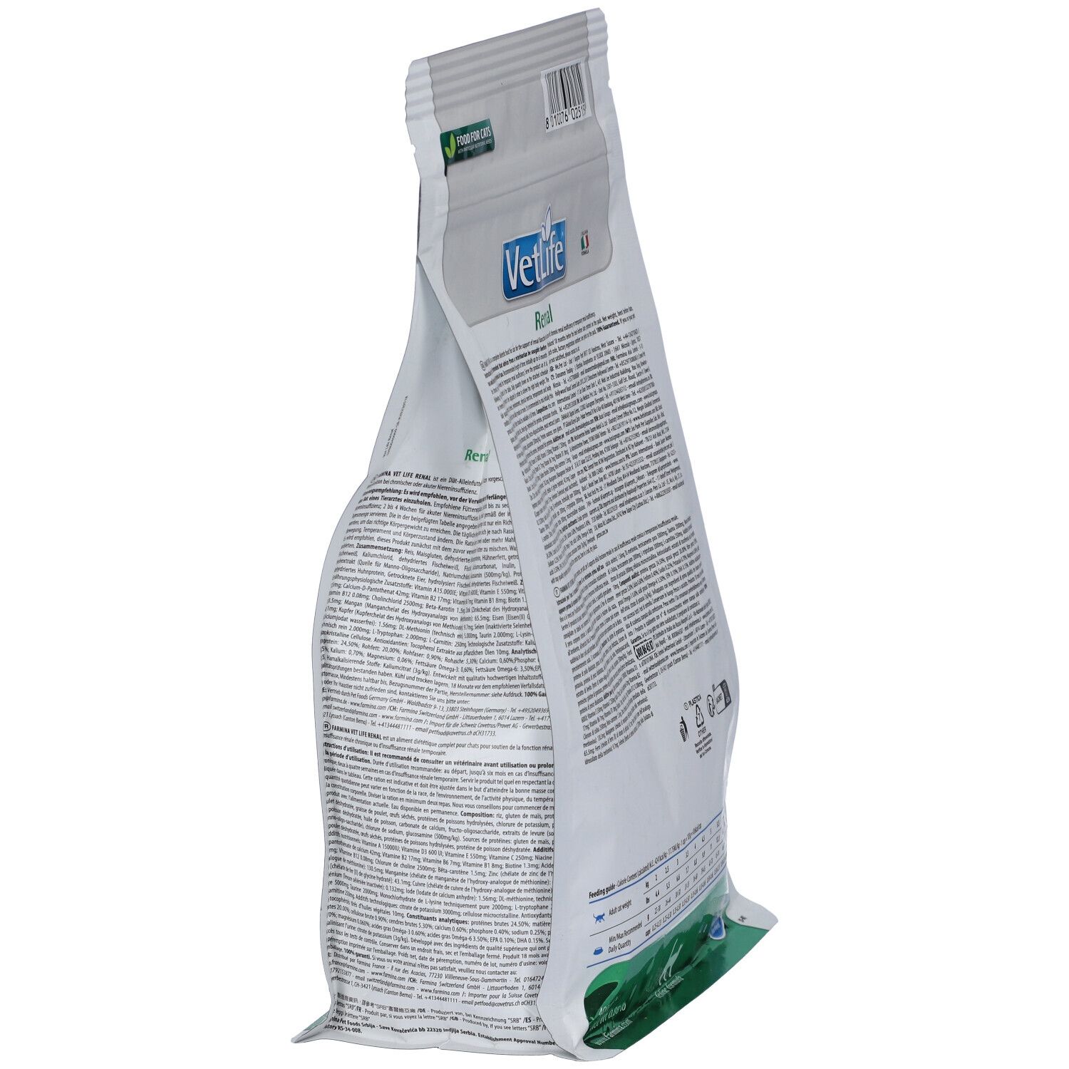 Seitenansicht des Beutels Trockenfutter Farmina VetLife Renal für Katzen. Text und Logo auf weißem Hintergrund.