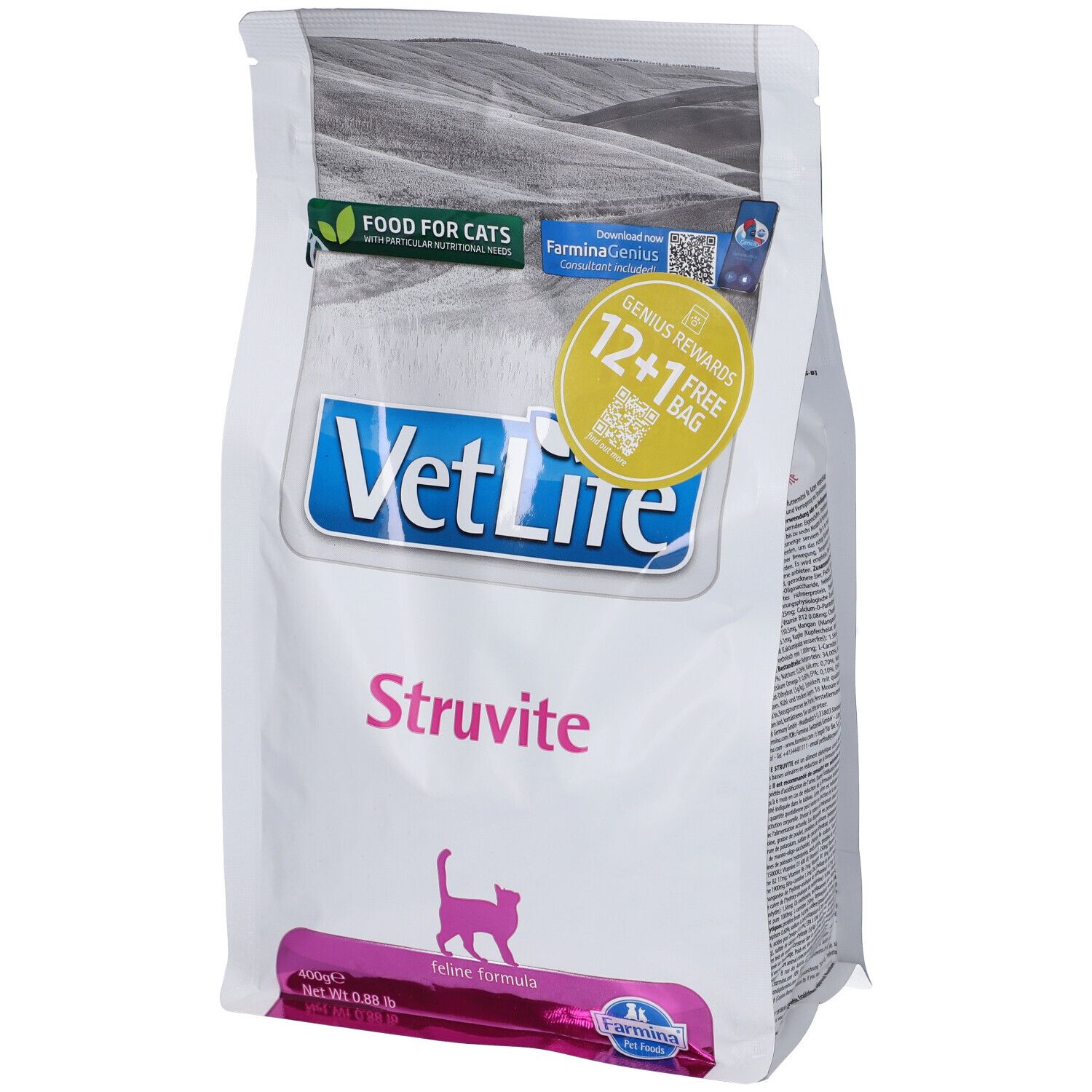 Weißer Beutel mit VetLife-Logo und Struvite-Schriftzug. Pinkfarbener Streifen mit Katzen-Silhouette. 12+1 Gratis-Aktion.