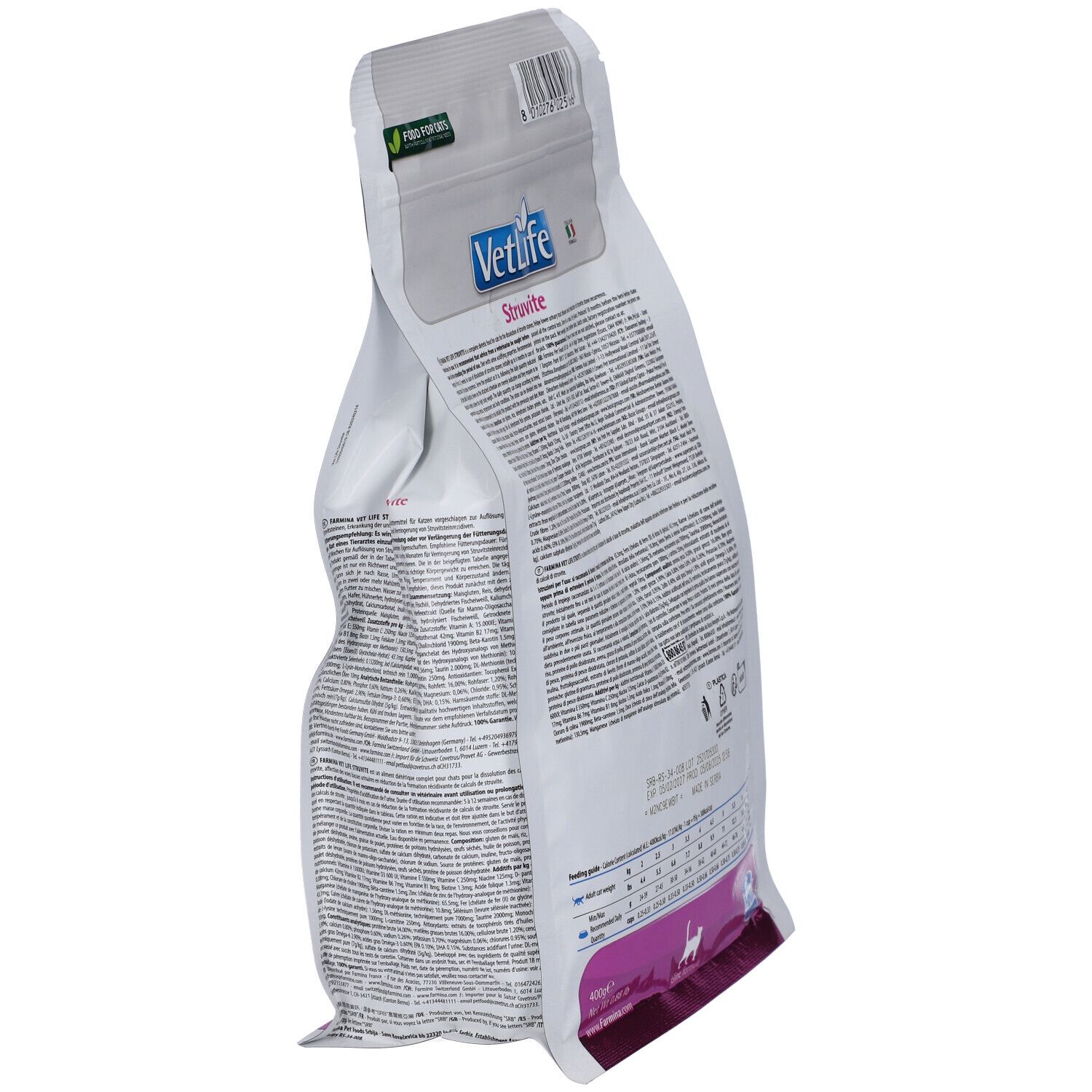 Schräge Seitenansicht des weißen VetLife-Beutels. Text und Logos auf der Verpackung.