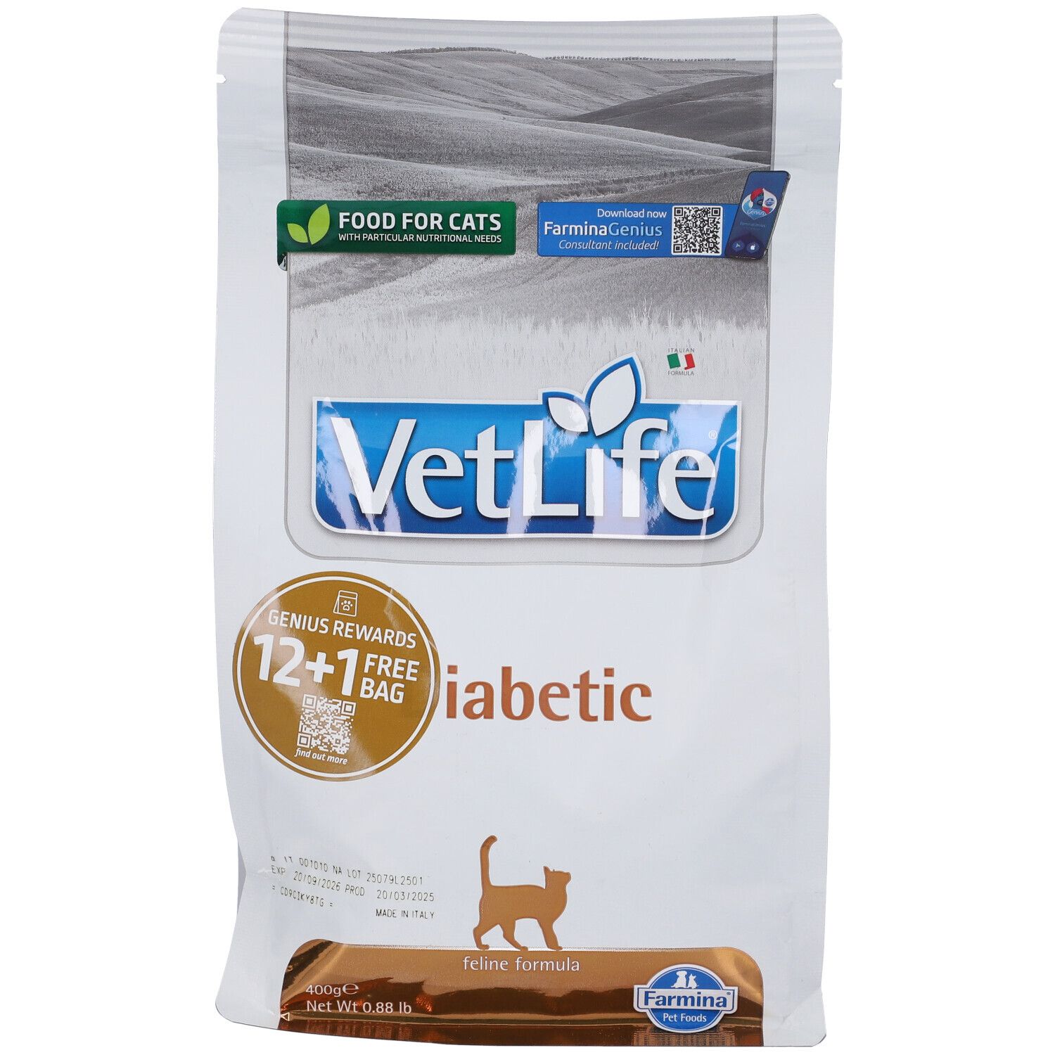 Trockenfutterbeutel Farmina VetLife Diabetic. Aufschrift VetLife, Diabetic, 12+1 gratis. Katze-Silhouette. Grün-weiß Verpackung.