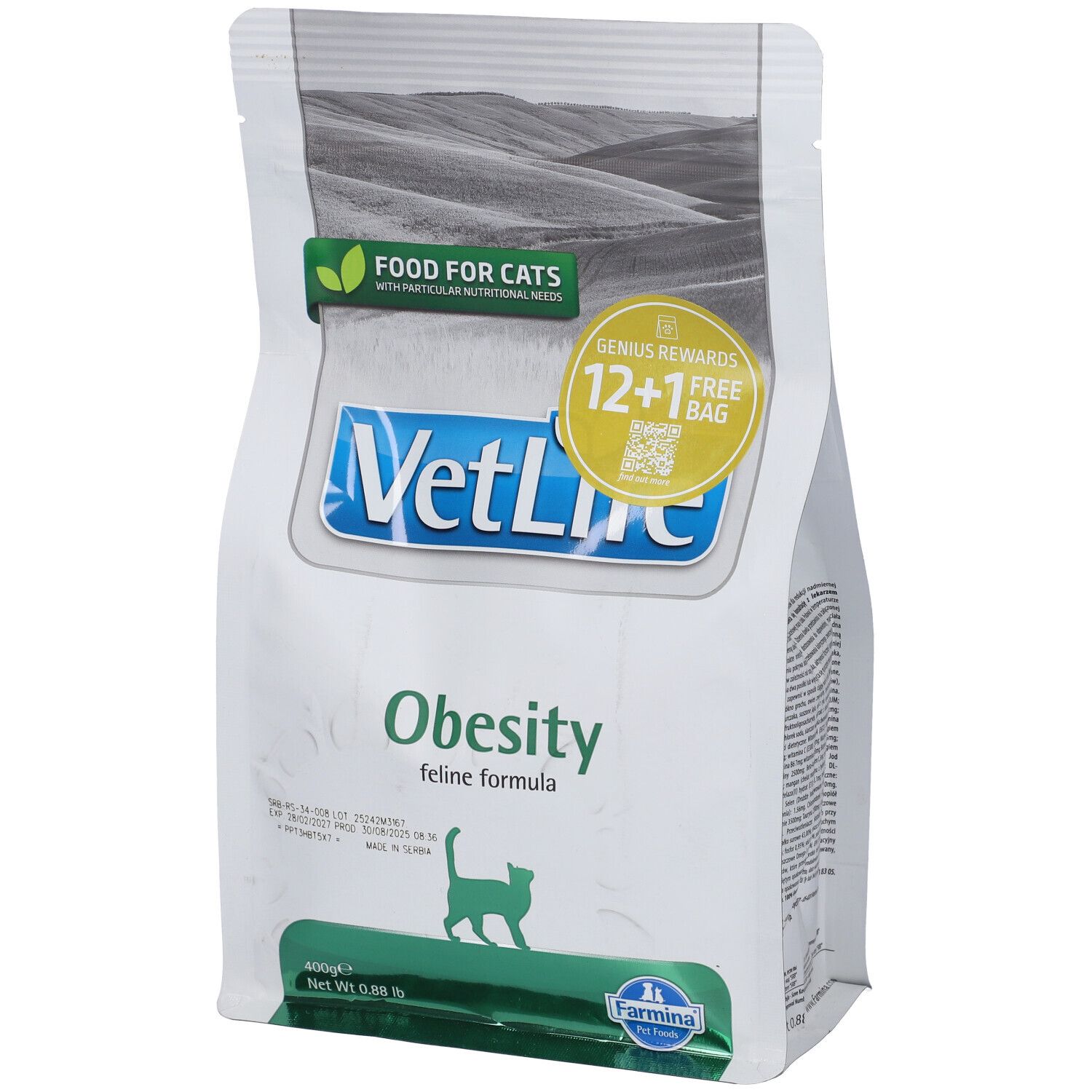 Beutel Trockenfutter für Katzen. Aufschrift: VetLife Obesity. Grün-weiße Verpackung mit Katzen-Silhouette. 400g.