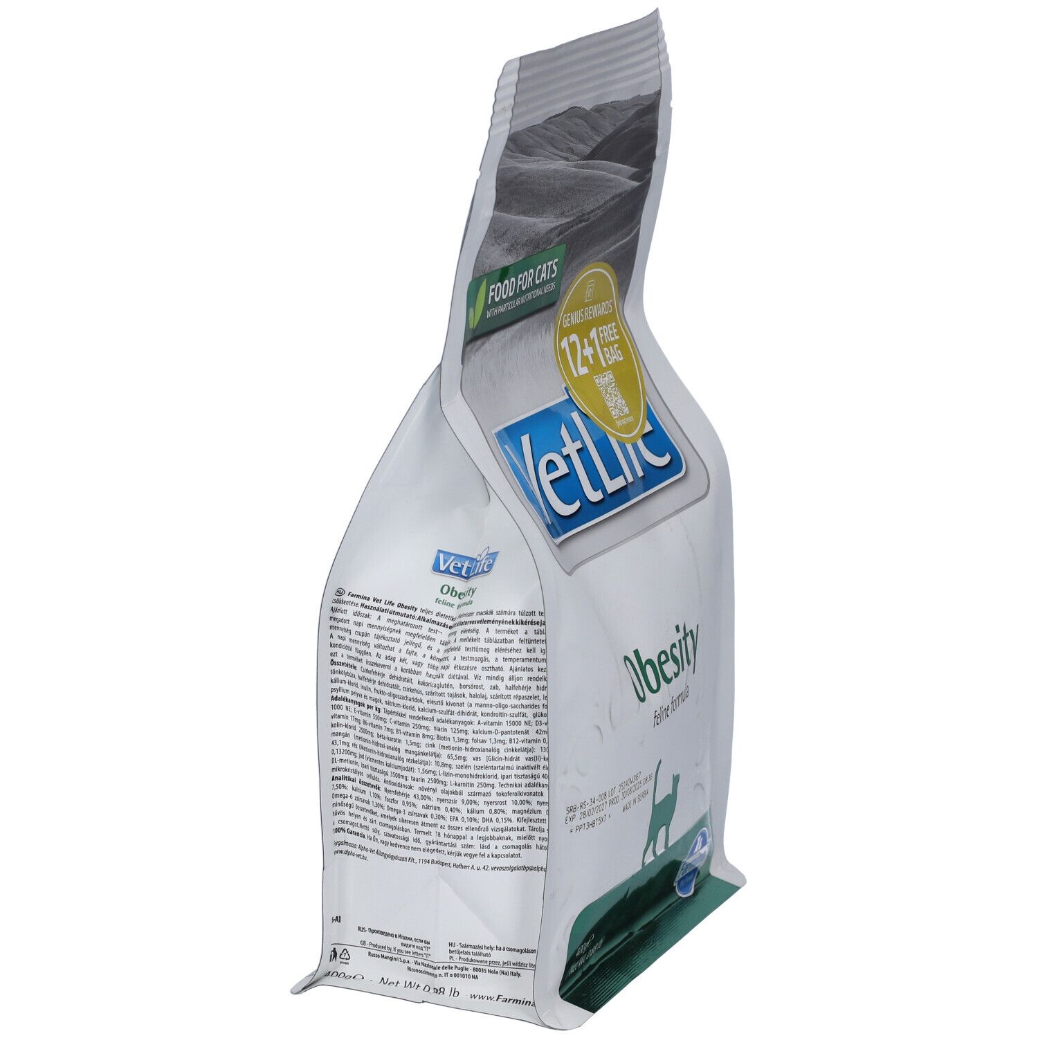 Schrägansicht des Trockenfutterbeutels. Aufschrift: VetLife Obesity. Grün-weiße Verpackung mit Text und Katzen-Silhouette.