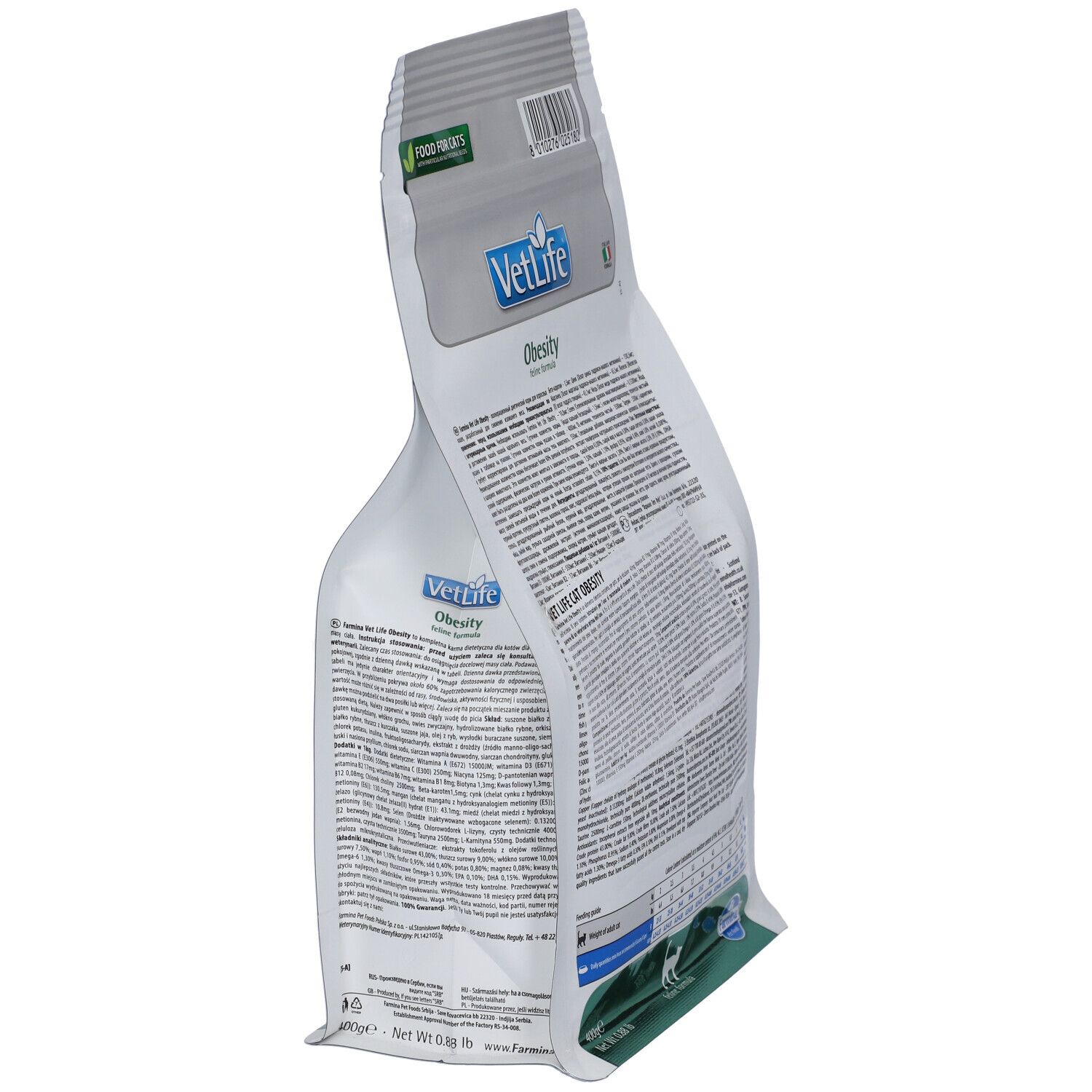 Schrägansicht des Trockenfutterbeutels. Textinformationen auf der Rückseite. Aufschrift: VetLife Obesity. Grün-weiße Verpackung.