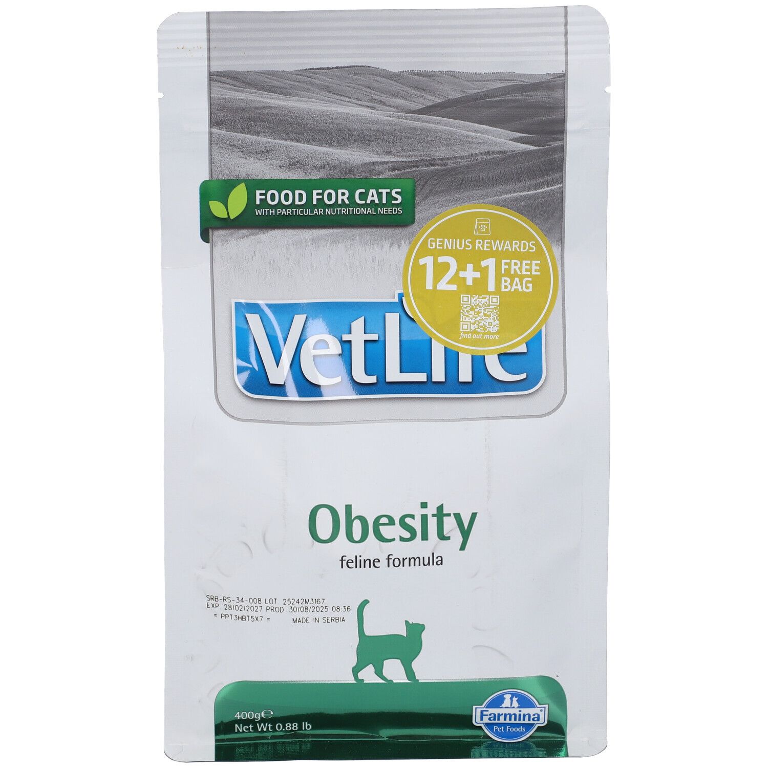 Trockenfutterbeutel. Aufschrift: VetLife Obesity. Grün-weiße Verpackung mit Katzen-Silhouette. 400g. Mit Gratis-Aktion.