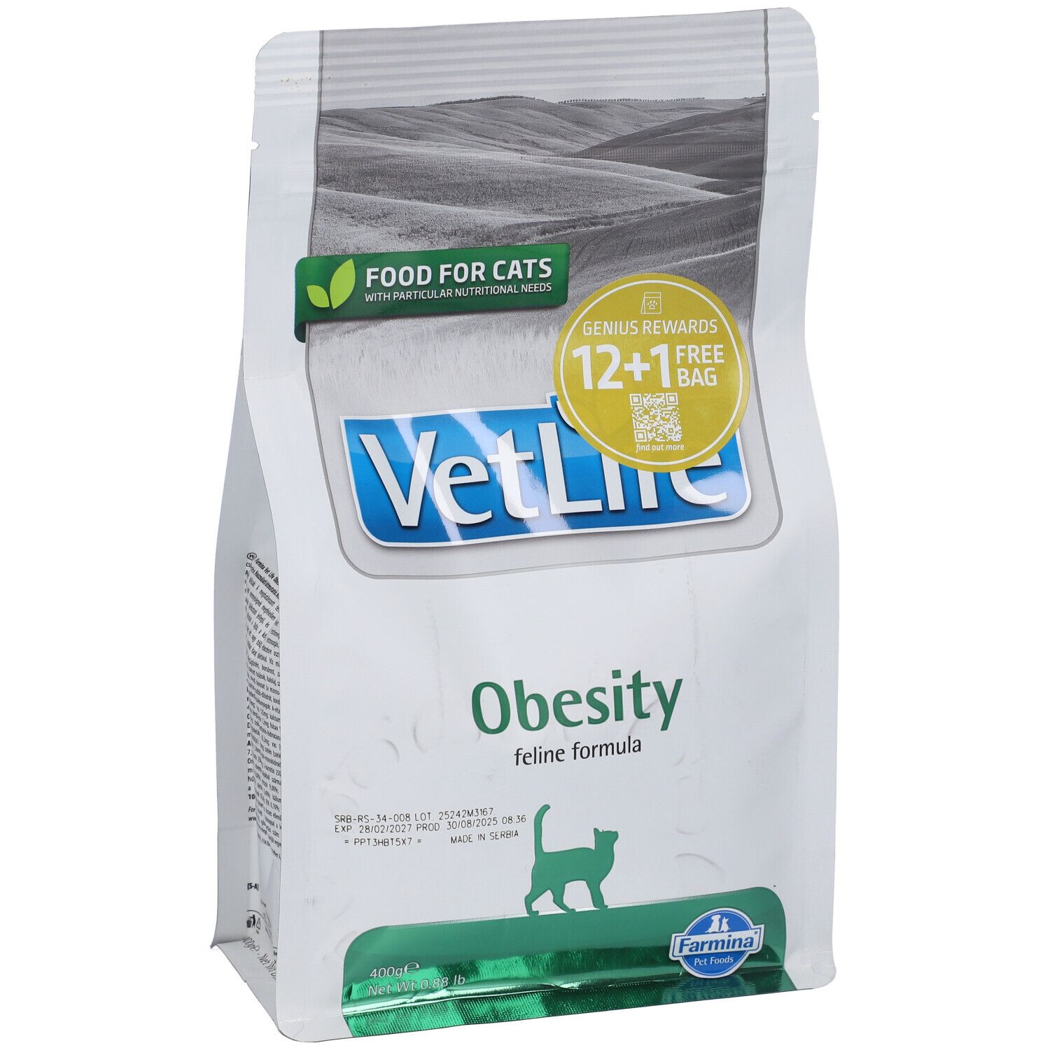 Trockenfutterbeutel. Aufschrift: VetLife Obesity. Grün-weiße Verpackung mit Katzen-Silhouette. 400g. Mit Gratis-Aktion.