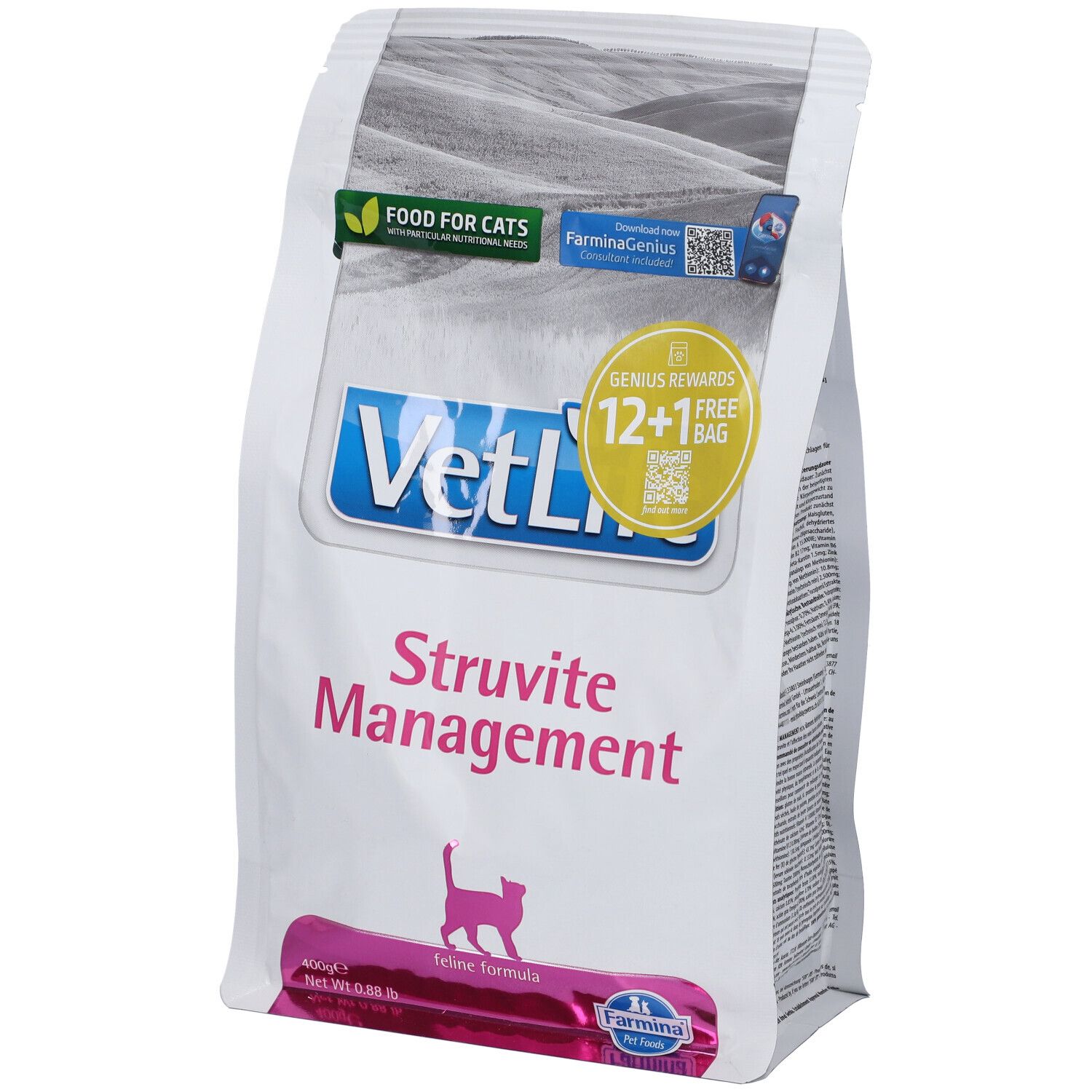 Beutel Trockenfutter für Katzen. Aufschrift: VetLife Struvite Management. Pinkfarbene Katze-Silhouette. 12+1 Gratis-Aktion.