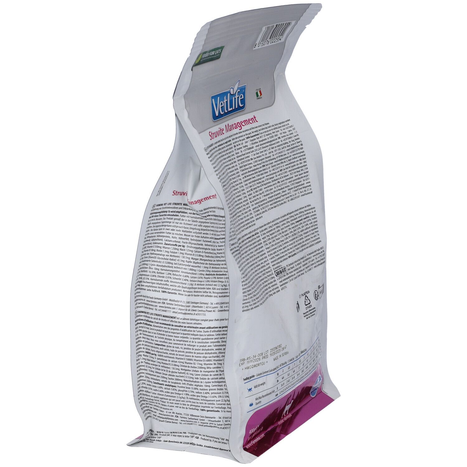 Seitenansicht des Trockenfutterbeutels. Aufschrift: VetLife Struvite Management. Text und pinkfarbene Katze-Silhouette.