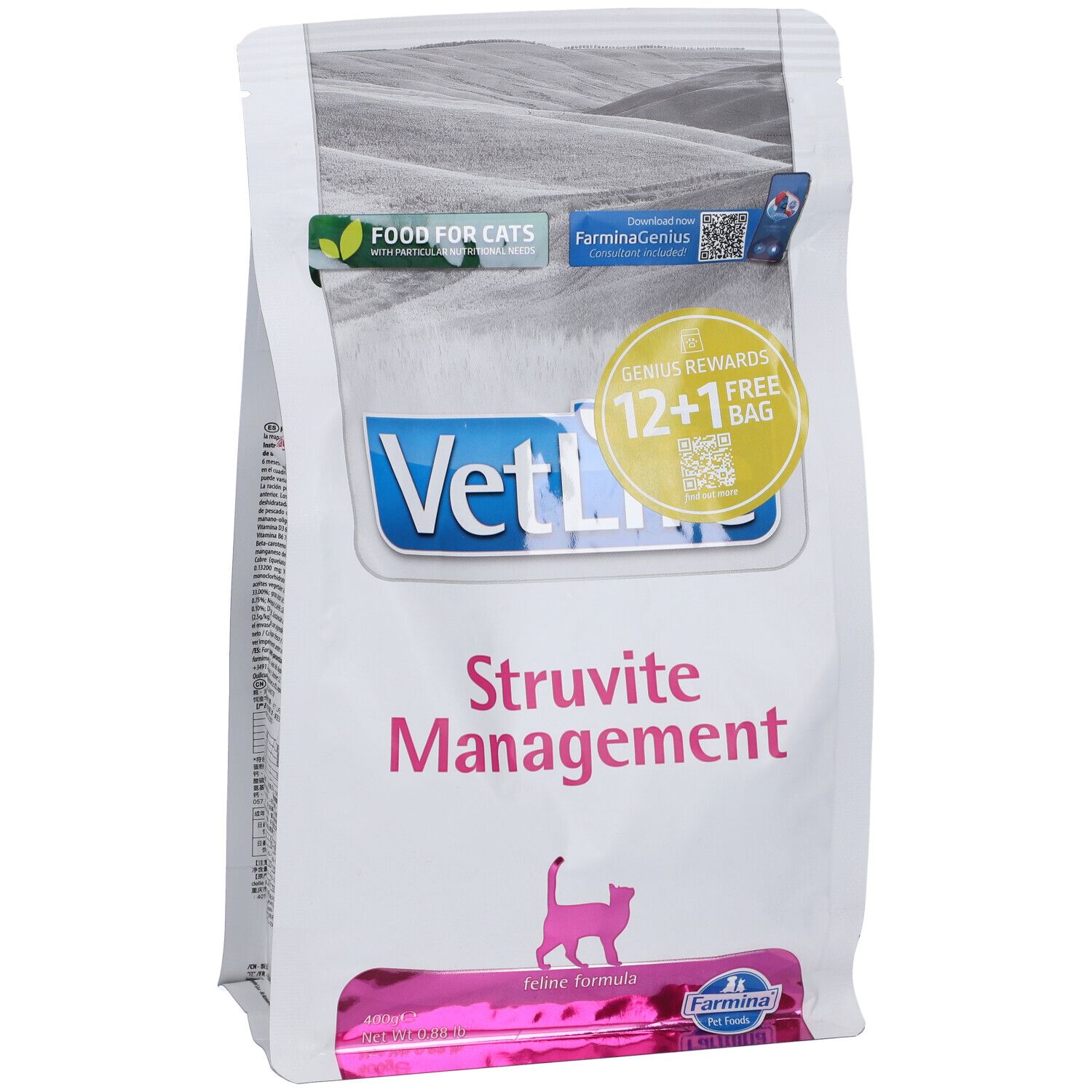 Trockenfutterbeutel. Aufschrift: VetLife Struvite Management. Pinkfarbene Katze-Silhouette. 12+1 Gratis-Aktion.