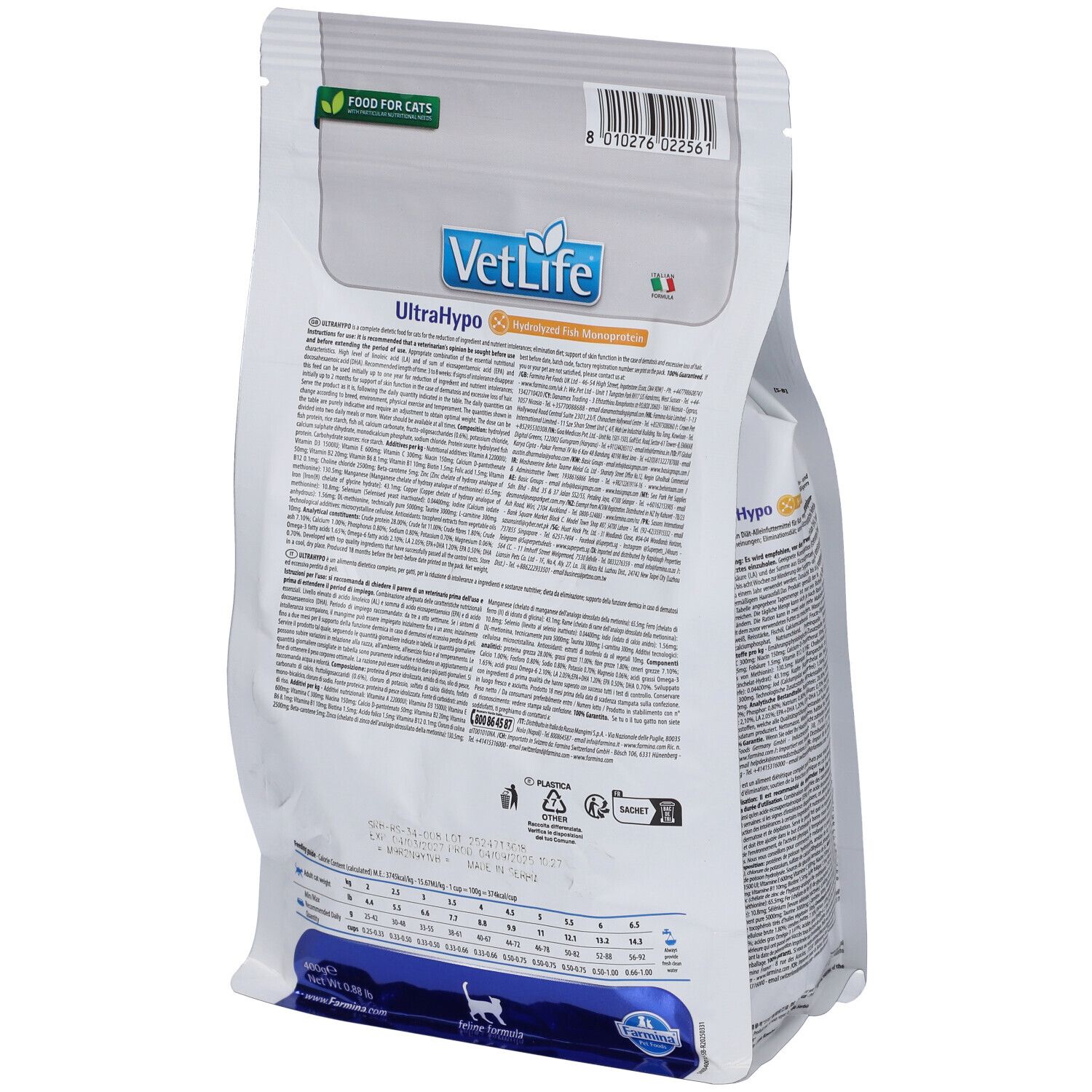 Rückseite des Trockenfutter-Beutels. Text, Inhaltsangaben, Fütterungsempfehlung. Aufschrift VetLife UltraHypo. Farmina Logo. Barcode.