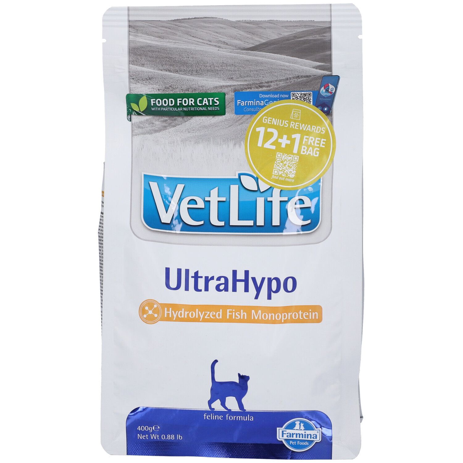Beutel Trockenfutter für Katzen. Aufschrift VetLife UltraHypo, hydrolysiertes Fisch-Monoprotein. 12+1 gratis. Farmina Logo.