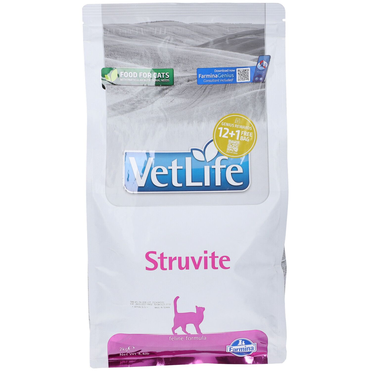Weißer Beutel "VetLife Struvite" für Katzen. Logo, Produktname und Katze-Silhouette. "Food for cats" und "12+1 free bag" Aufdruck.
