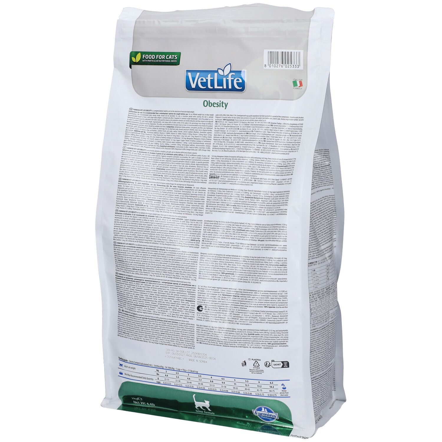 Rückseite eines weißen Beutels. Text und Logos. VetLife-Logo, Schriftzug "Obesity". "Food for Cats" Aufkleber.