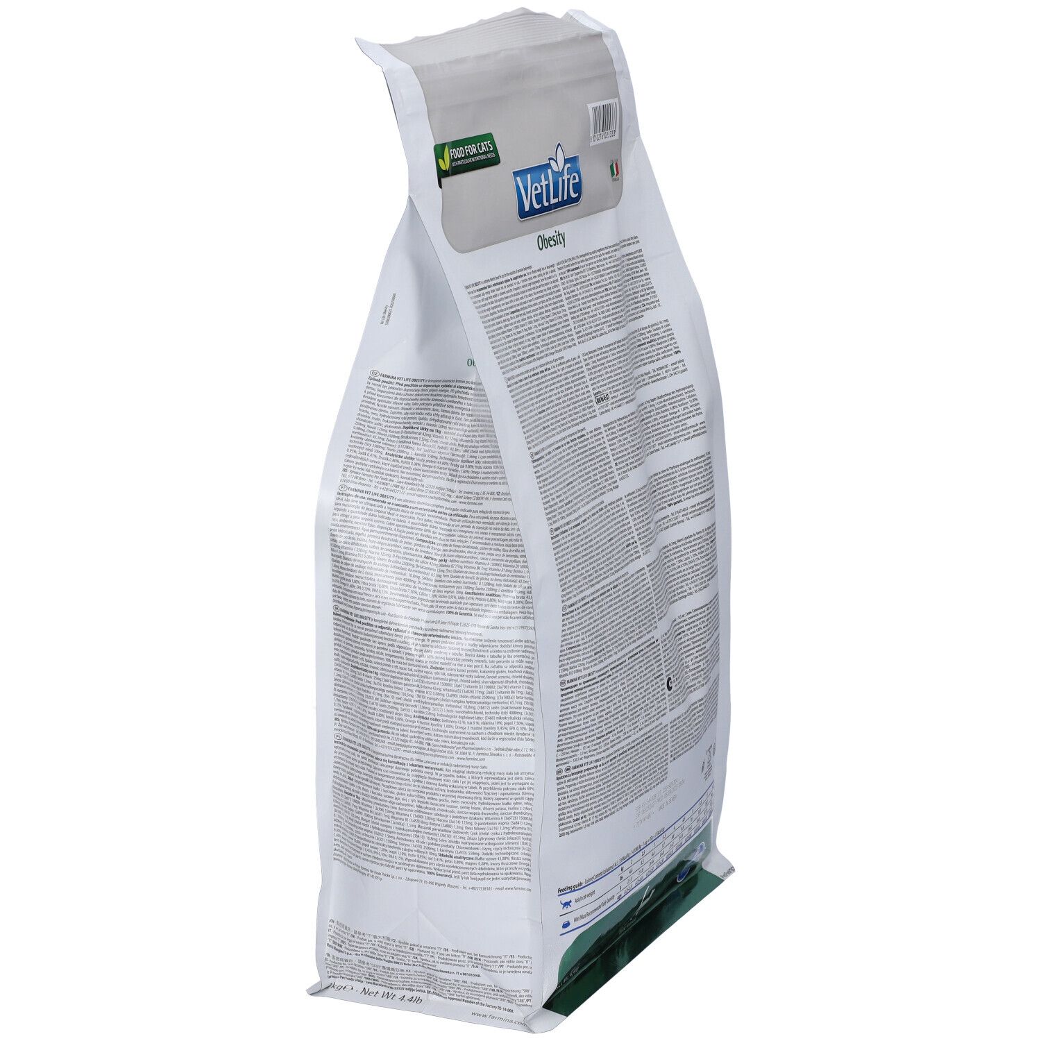 Weißer Beutel, schräge Ansicht. VetLife-Logo und Schriftzug "Obesity". Text auf der Rückseite. "Food for Cats" Aufkleber.