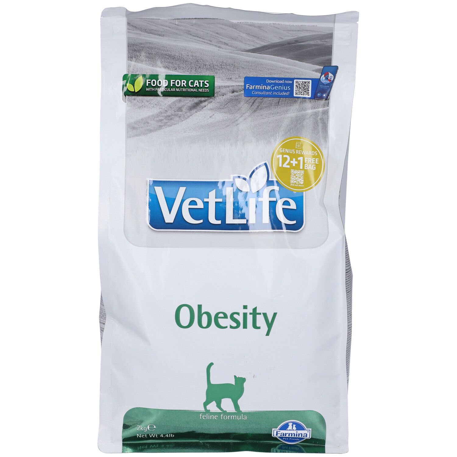 Weißer Beutel mit Aufdruck. VetLife-Logo, Schriftzug "Obesity" und Katzen-Silhouette. "Food for Cats" und "12+1 free" Aufkleber.