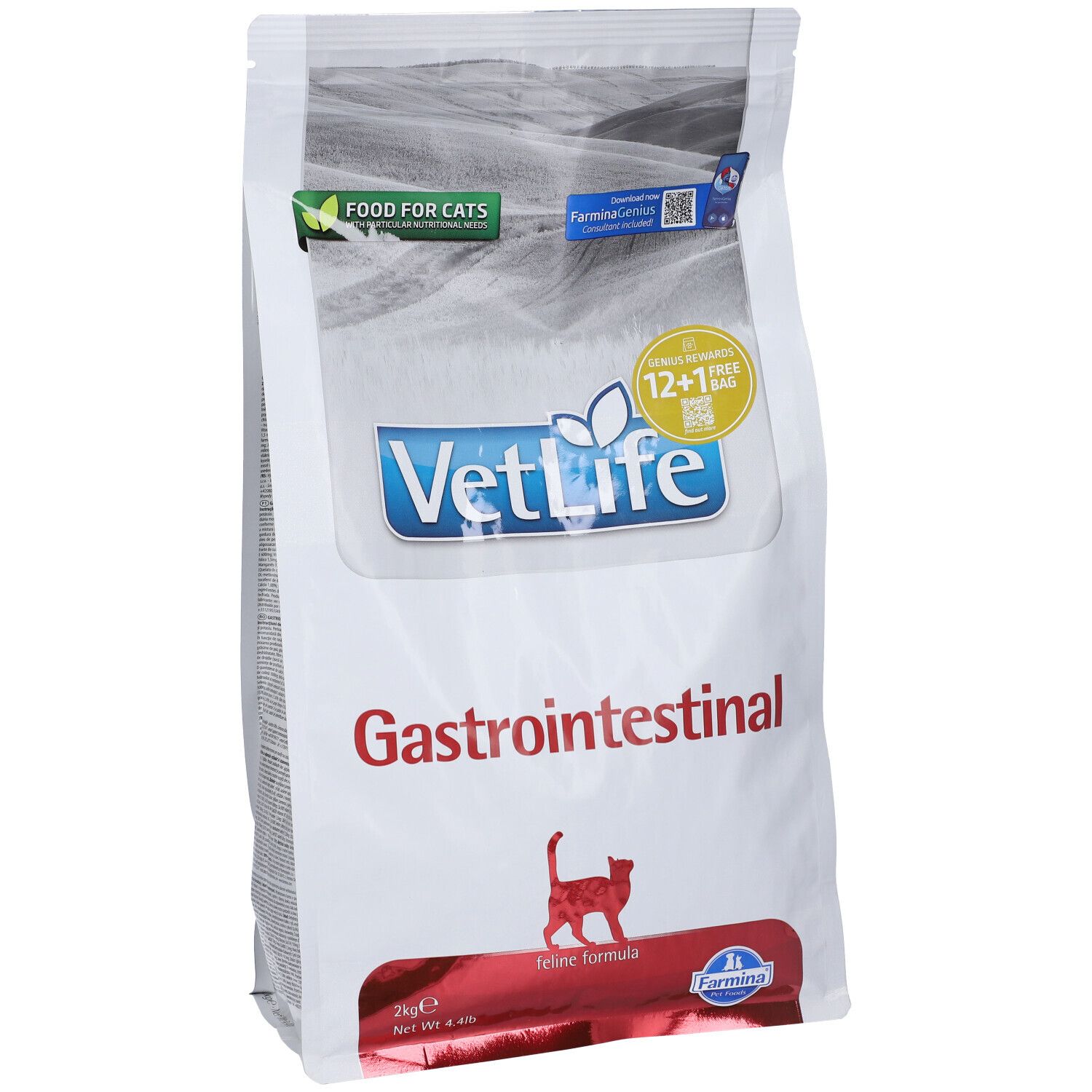 Weißer Beutel mit "VetLife Gastrointestinal" und Katzenabbildung. Enthält Trockenfutter für Katzen. 2kg.
