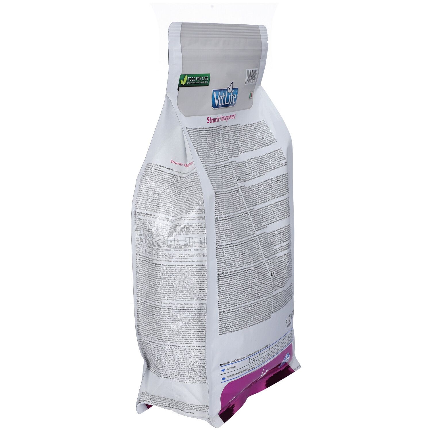Schrägansicht der Rückseite eines weißen Beutels mit Text. "VetLife Struvite Management"-Aufdruck.