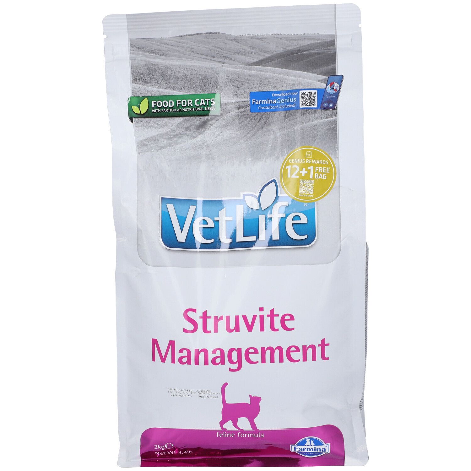 Weißer Beutel mit "VetLife Struvite Management"-Aufdruck. Logo, Katze-Silhouette, und Text. "Food for Cats"-Logo.