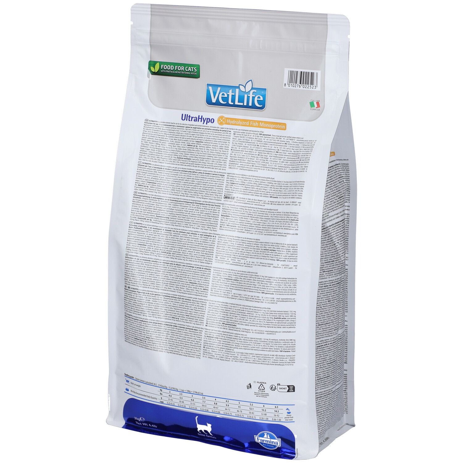 Rückseite des weißen Beutels. Produktname VetLife UltraHypo. Text und Logo sichtbar. Enthält hydrolysiertes Fisch-Monoprotein.
