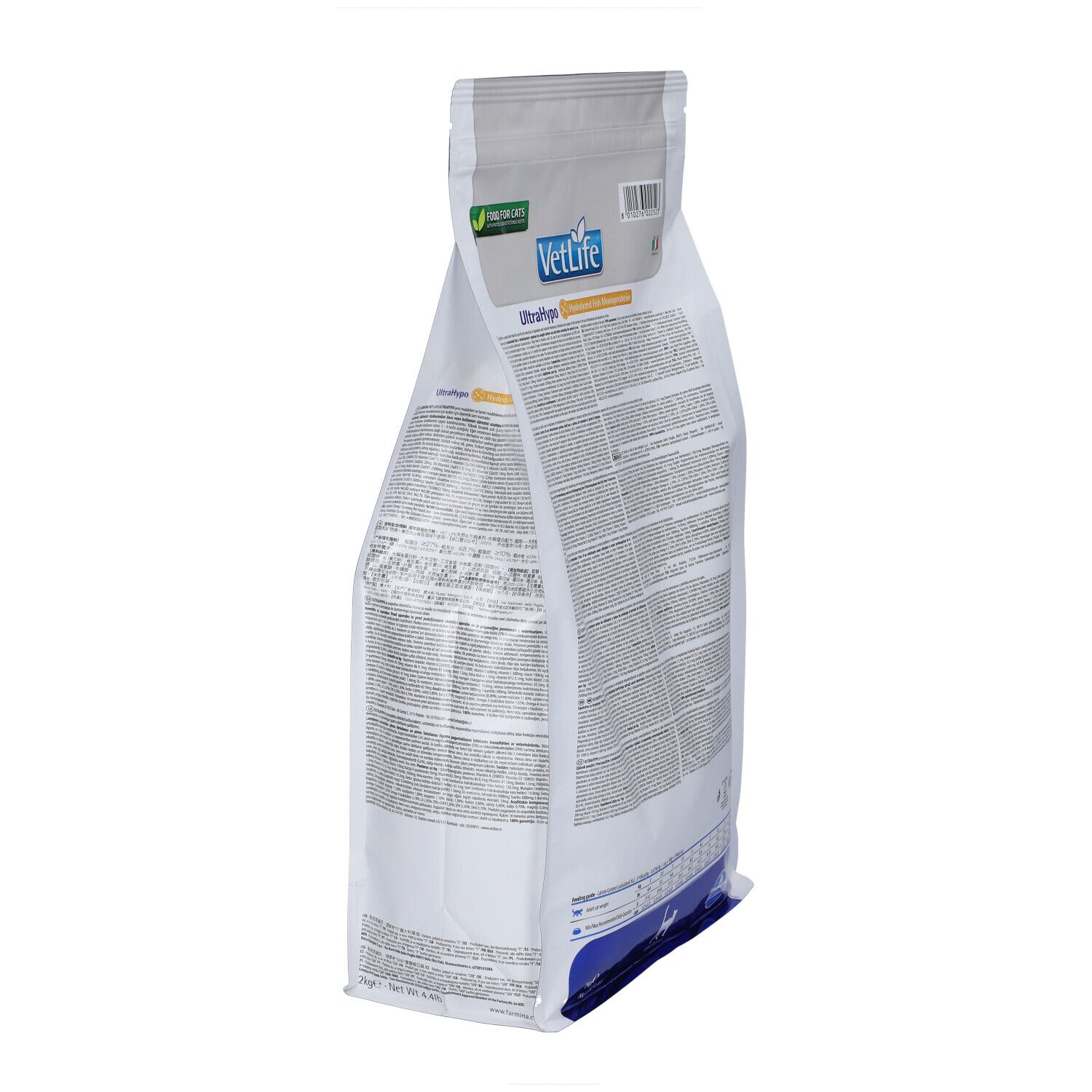 Seitenansicht des weißen Beutels. Produktname VetLife UltraHypo. Text und Logo sichtbar. Enthält hydrolysiertes Fisch-Monoprotein.