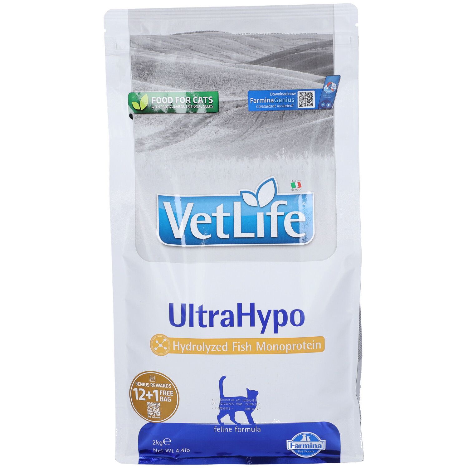 Weißer Beutel mit Produktnamen VetLife UltraHypo. Enthält hydrolysiertes Fisch-Monoprotein. Mit Logo und Katzen-Silhouette.