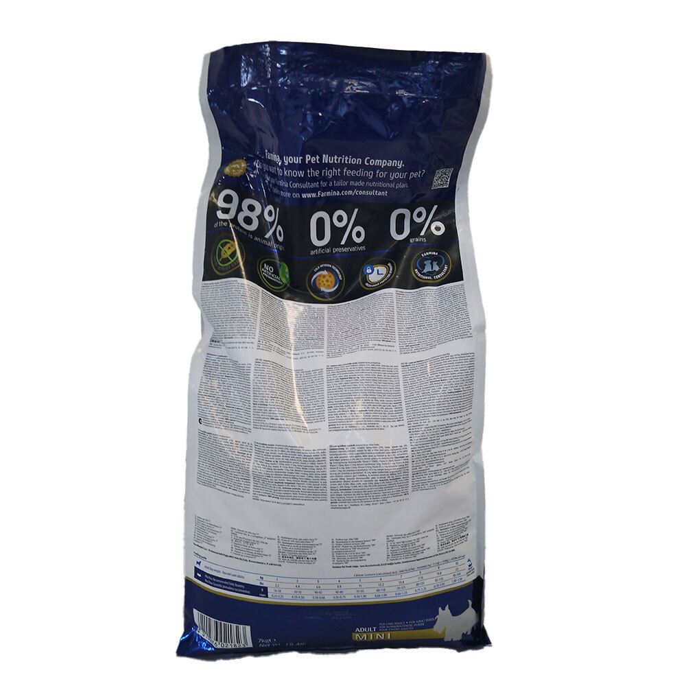 Rückseite des Farmina N&D Prime Hundefutterbeutels. Text, Logos und Produktinformationen sind sichtbar.