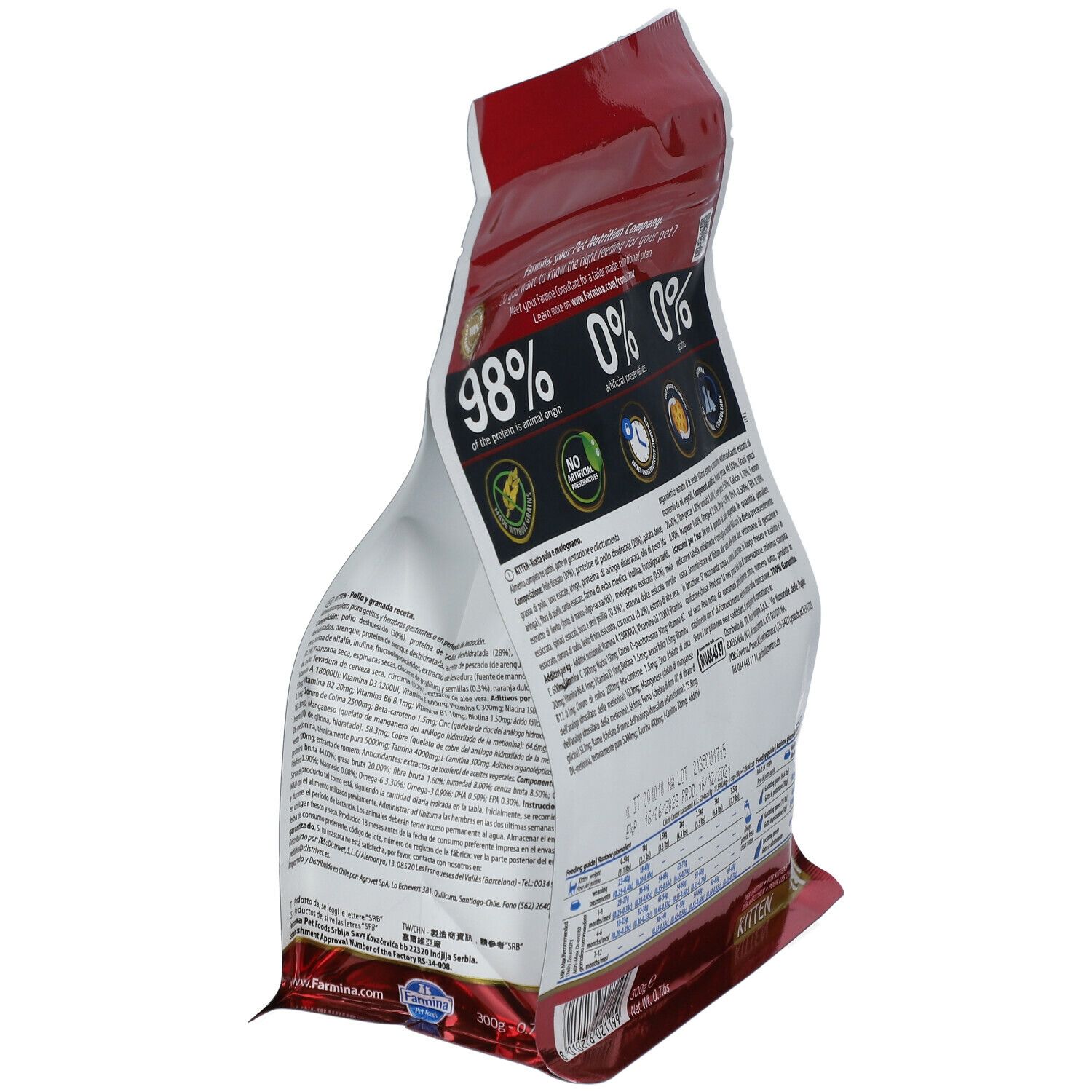 Retro del sacchetto di cibo per gattini N&D Prime. Testo, loghi e informazioni nutrizionali. Vista laterale.