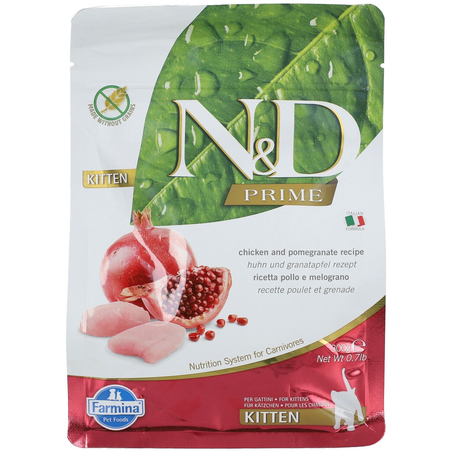 Sacchetto di cibo per gattini N&D Prime. Melograno, pollo e testo illustrati. Logo Farmina in basso.