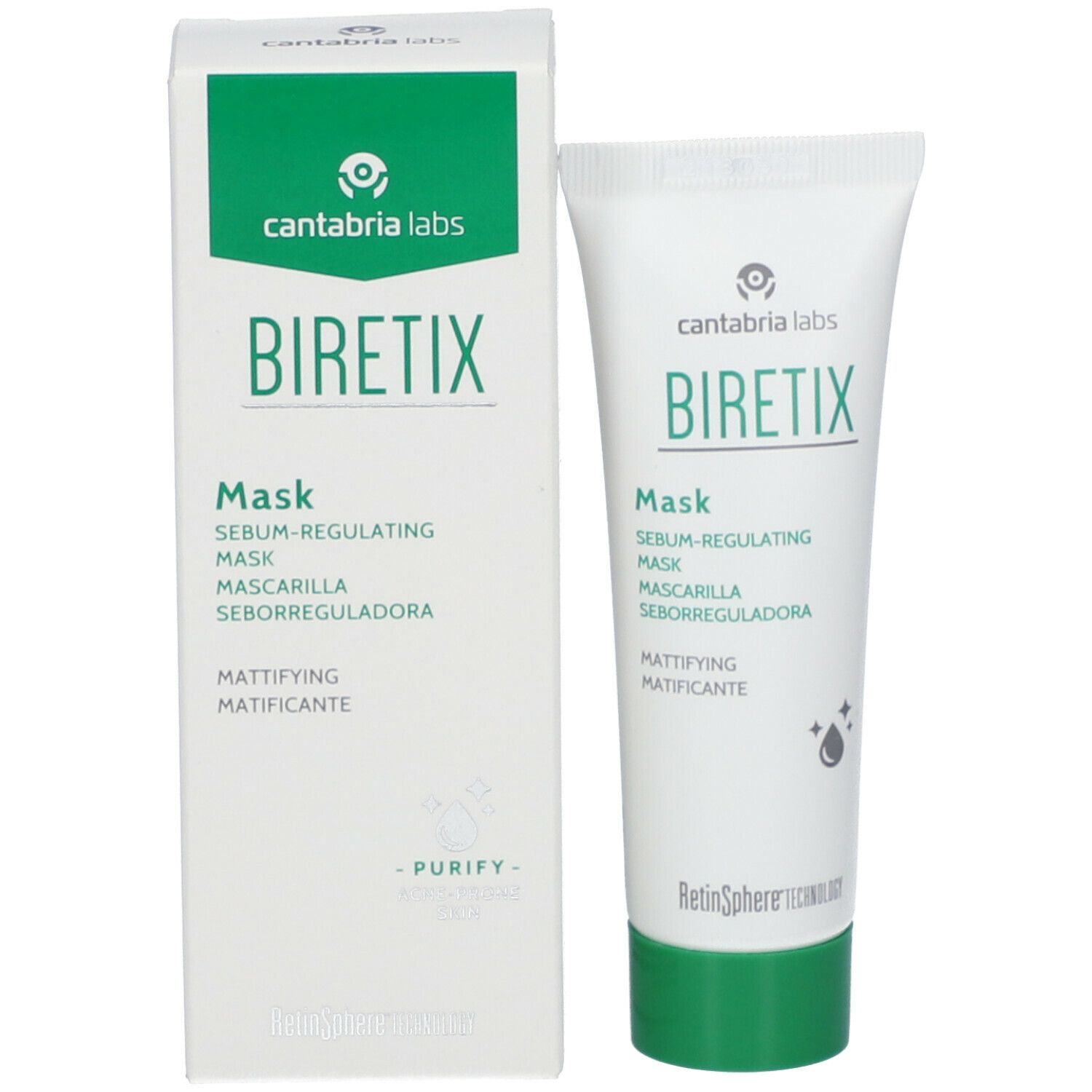 Confezione del prodotto: tubo e scatola. Scritta: Biretix Mask, logo cantabria labs.