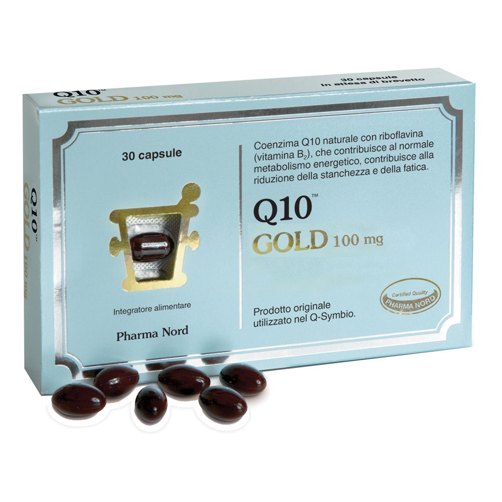 Scatola di capsule Q10 Gold. Scritta: 30 capsule, 100 mg. Alcune capsule accanto. Logo Pharma Nord.