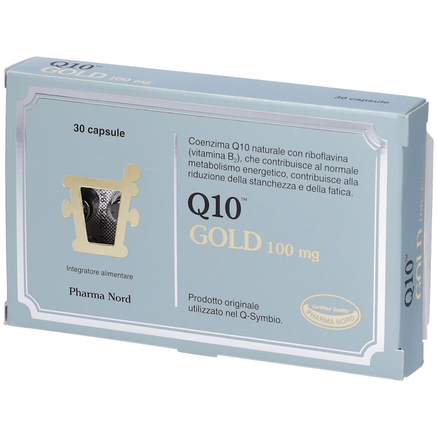 Scatola Q10 Gold, 30 capsule, 100 mg. Testo su riboflavina ed energia. Logo Pharma Nord e certificazione.
